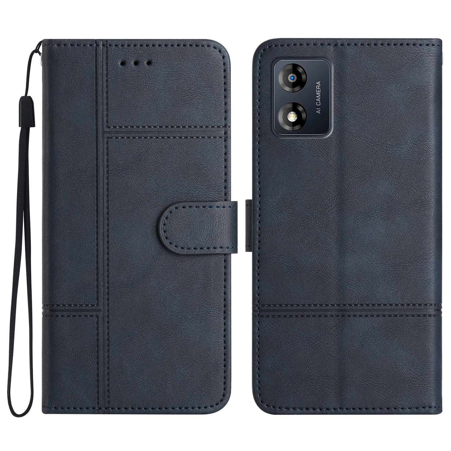 

Für Motorola Moto E13 4G Business PU Leder Cowhide Textur Decklinie Geprinktes Stand Brieftasche Telefonhülle Mit Riemen - Blau, Motorola Moto E13 4G