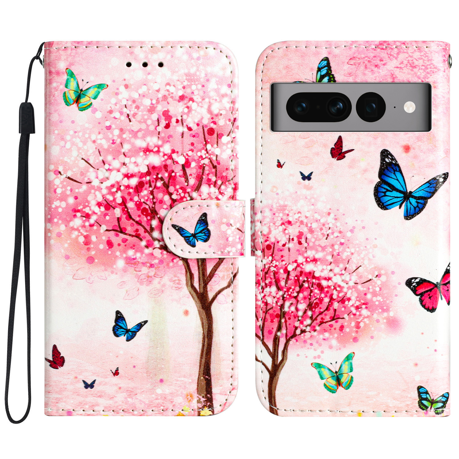 

PU Leder Flip Cover Für Google Pixel 7 Pro 5g, Brieftaschenstandmuster Druckphase Mit Riemen - Kirschblütenbaum, Google Pixel 7 Pro 5G