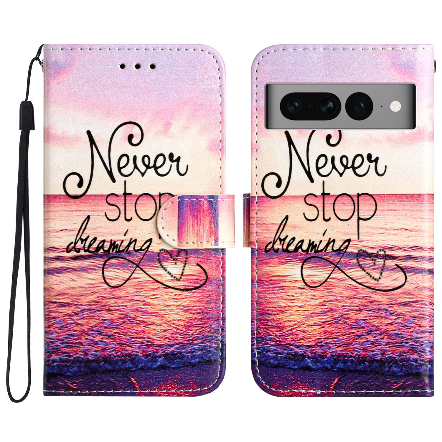

PU Leder Flip Cover Für Google Pixel 7 Pro 5g, Brieftaschenstandmuster Druckphase Mit Riemen - Nie Aufhören zu Träumen, Google Pixel 7 Pro 5G