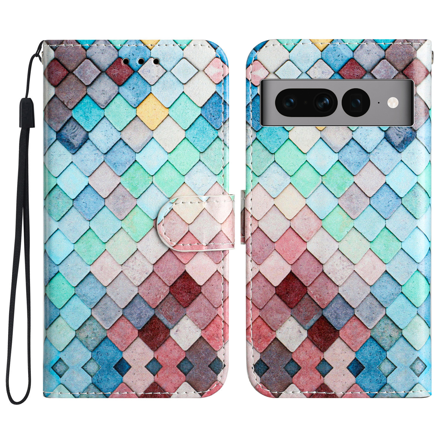 

PU Leder Flip Cover Für Google Pixel 7 Pro 5g, Brieftaschenstandmuster Druckphase Mit Riemen - Farbenfrohes Netz, Google Pixel 7 Pro 5G