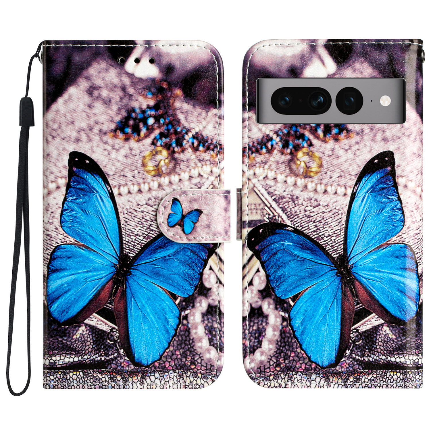 

PU Leder Flip Cover Für Google Pixel 7 Pro 5g, Brieftaschenstandmuster Druckphase Mit Riemen - Blauer Schmetterling, Google Pixel 7 Pro 5G