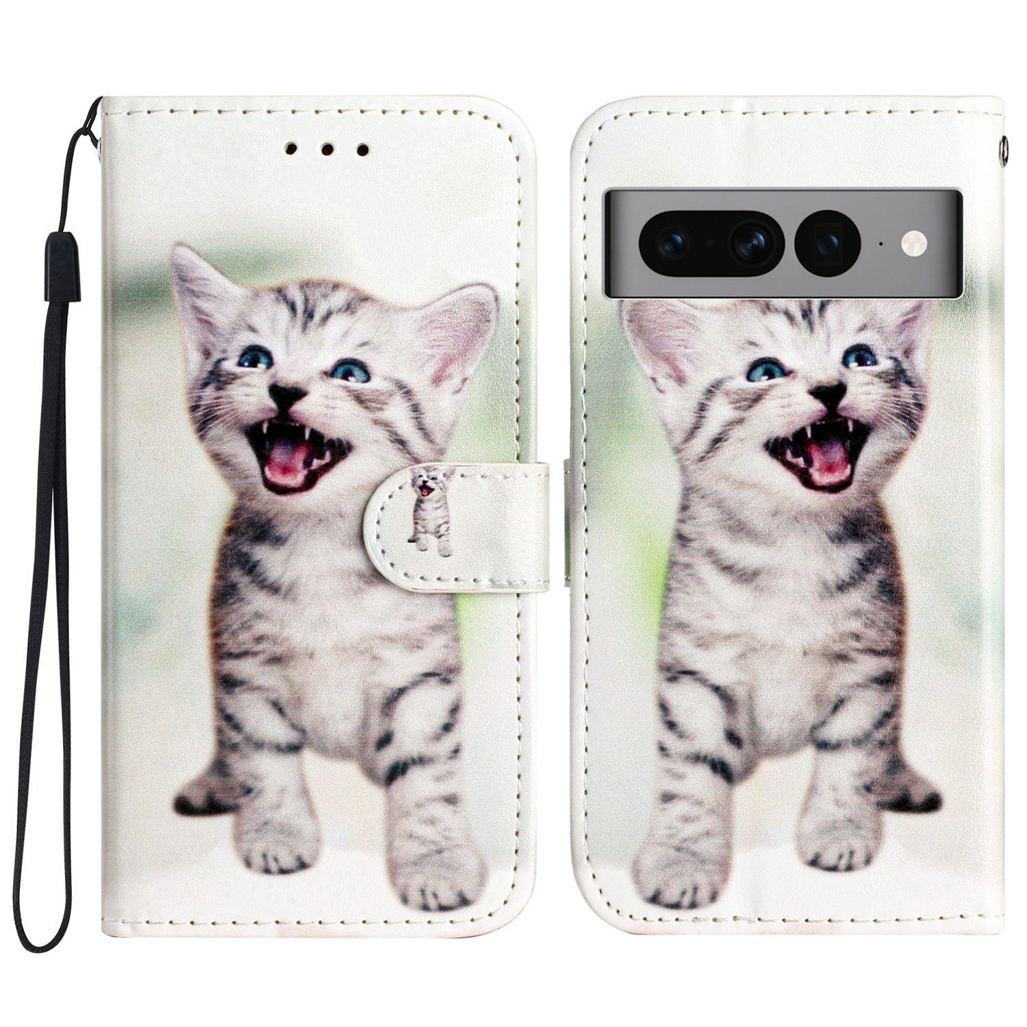 

PU Leder Flip Cover Für Google Pixel 7 Pro 5g, Brieftaschenstandmuster Druckphase Mit Riemen - Katze, Google Pixel 7 Pro 5G
