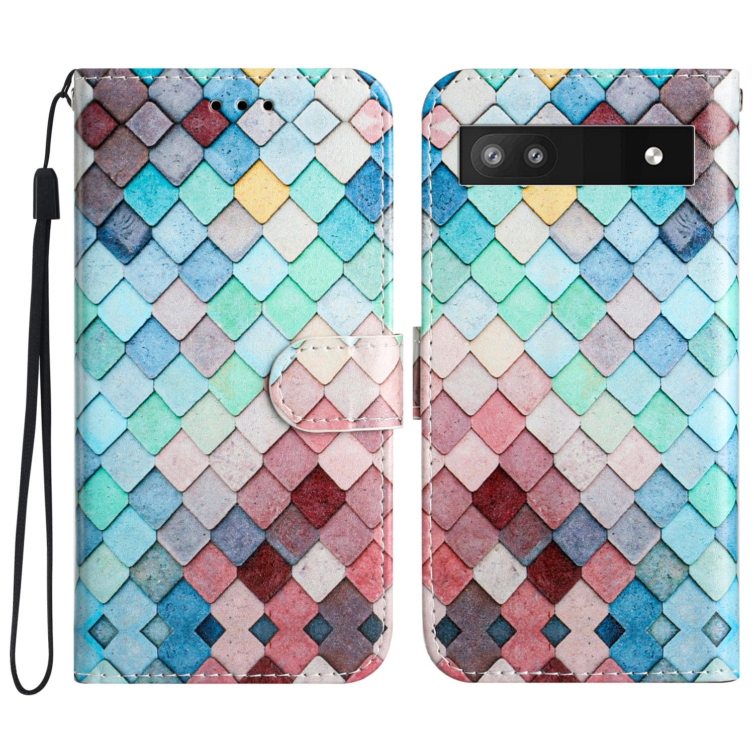 

Für Google Pixel 7a Wallet Phone Hülle PU Leder -muster -druckständer Telefonabdeckung Mit Riemen - Farbenfrohes Netz, Google Pixel 7a