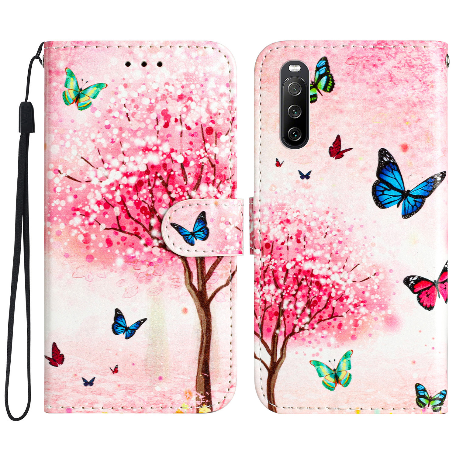 

Für Sony Xperia 10 V PU Leder -hülle Muster Druckständer Schutzbrieftasche Telefonabdeckung Mit Riemen - Kirschblütenbaum, Sony Xperia 10 V