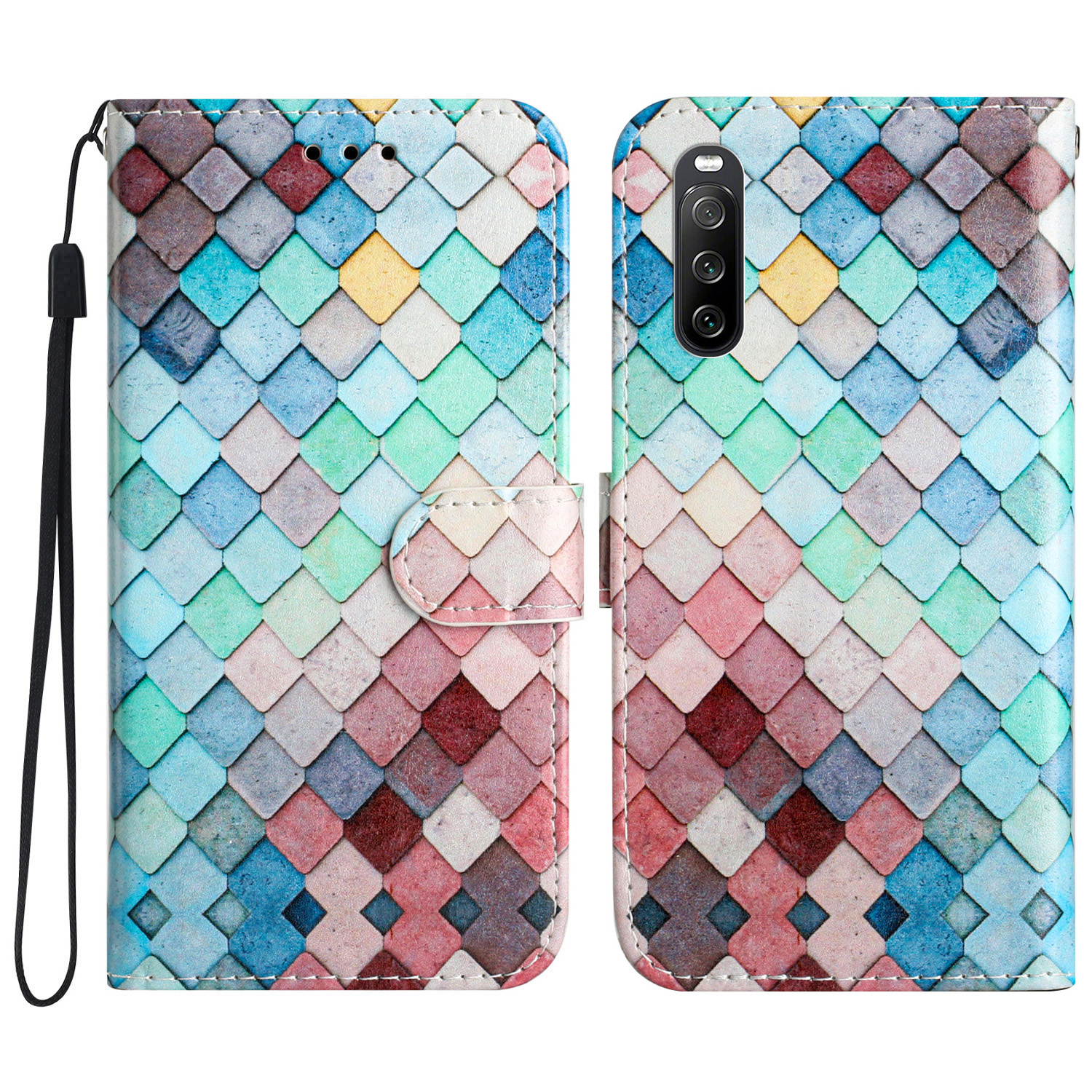 

Für Sony Xperia 10 V PU Leder -hülle Muster Druckständer Schutzbrieftasche Telefonabdeckung Mit Riemen - Farbenfrohes Netz, Sony Xperia 10 V
