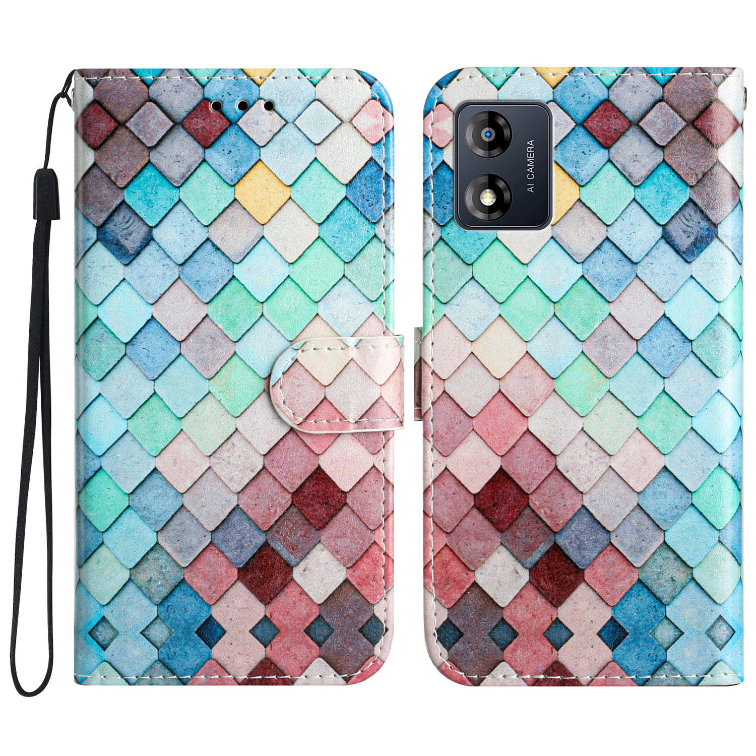 

Für Motorola Moto E13 4G Muster Druck PU Leder Telefon Brieftasche Hülle Standabdeckung - Farbenfrohes Netz, Motorola Moto E13 4G