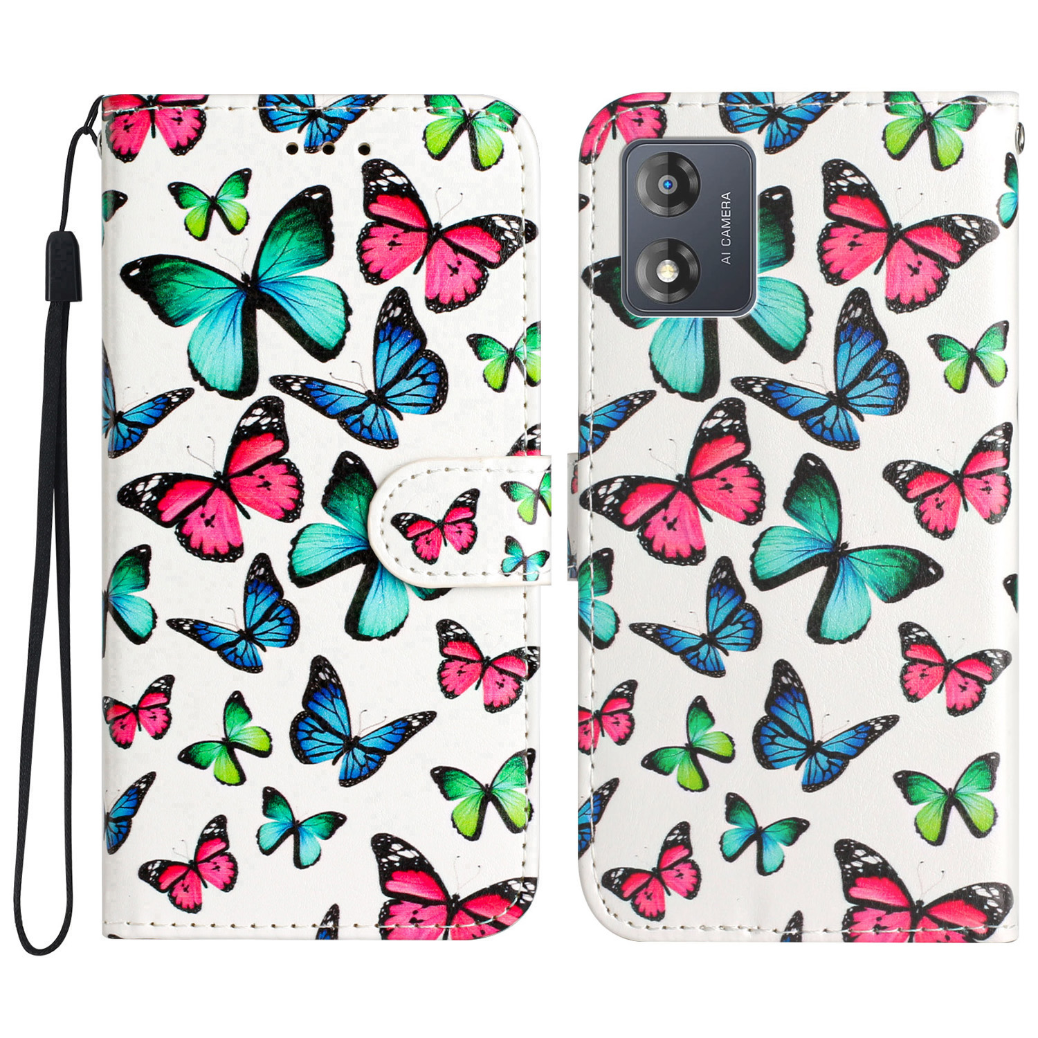 

Für Motorola Moto E13 4G Muster Druck PU Leder Telefon Brieftasche Hülle Standabdeckung - Buntes Schmetterling, Motorola Moto E13 4G