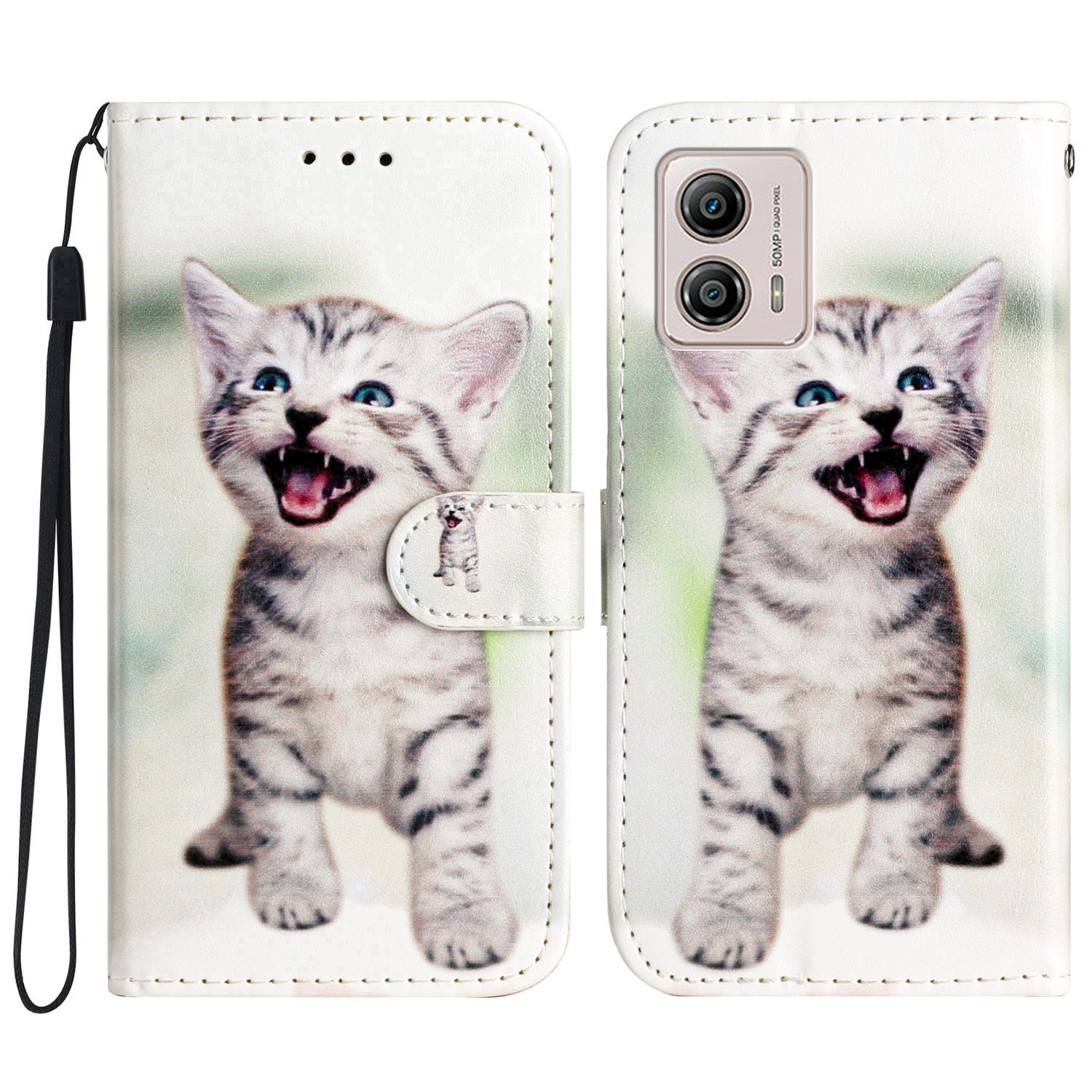 

Für Motorola Moto G73 5G Wallet Phone Haufen Muster -drucken Lederabdeckung Mit Ständer - Fröhliche Katze, Motorola Moto G73 5G