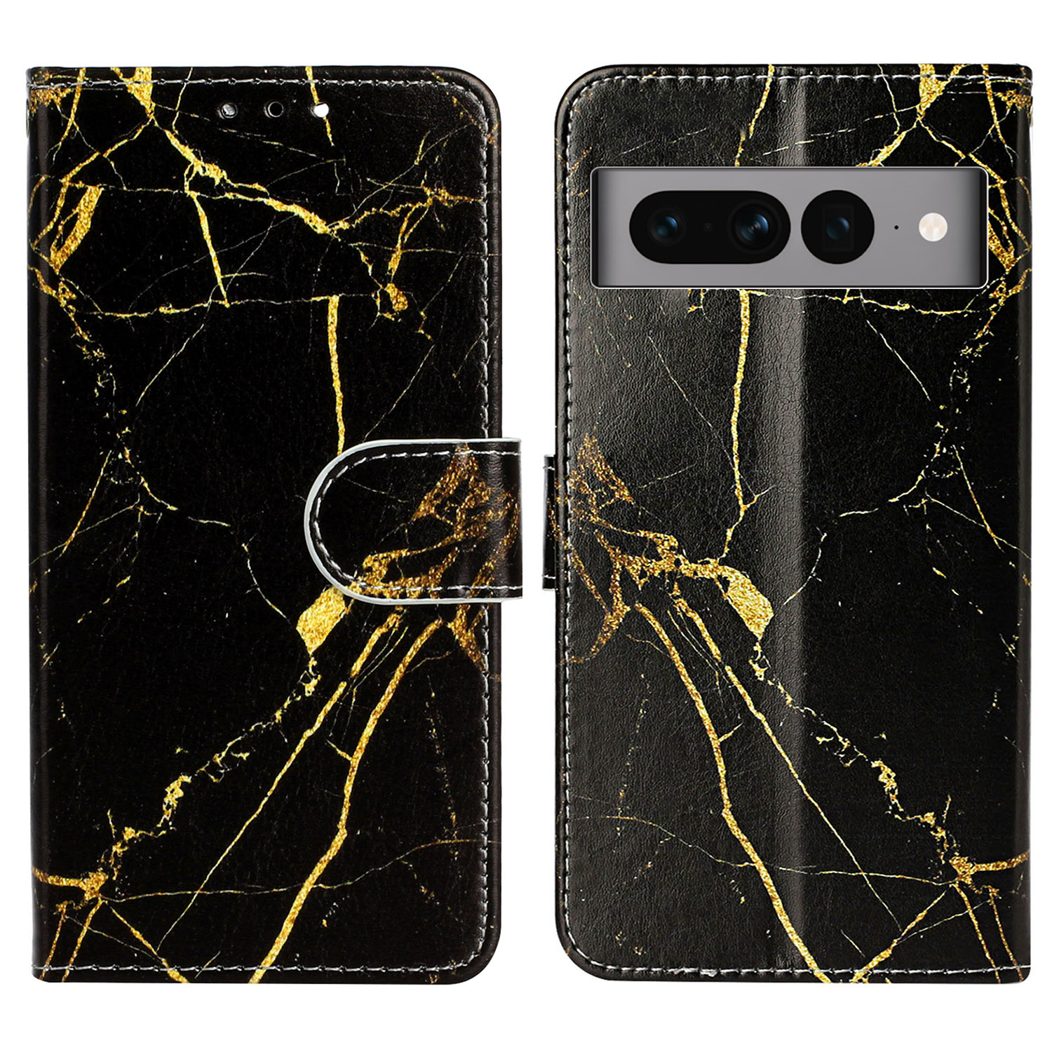 

Anti-drogenmuster-drucklederabdeckung Für Google Pixel 7 Pro 5G Schutzhülle Brieftasche Telefonschale - Schwarzer Gold Marmor, Google Pixel 7 Pro 5G