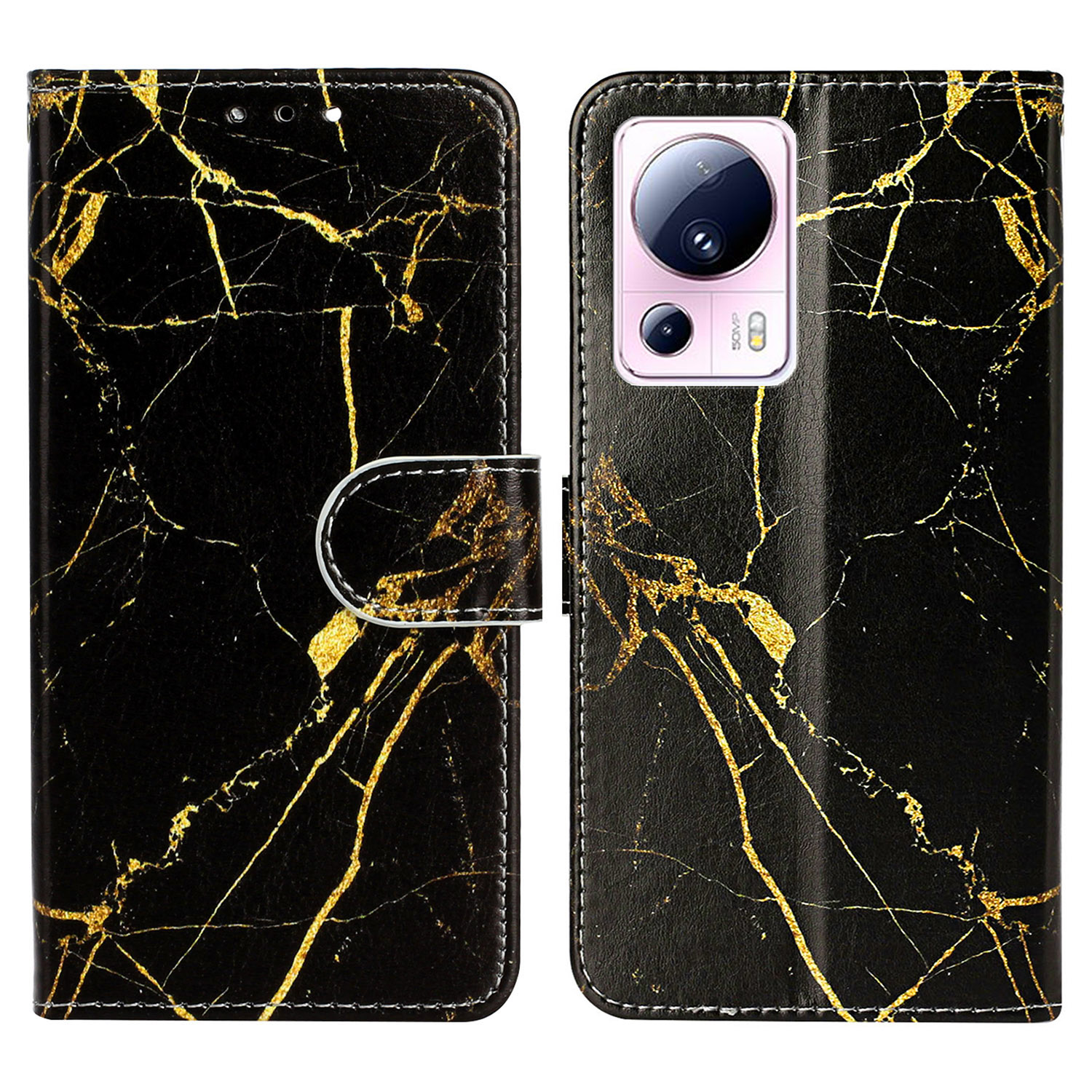 

Für Xiaomi 13 Lite / Civi 2 5G Anti-scratch-brieftaschen-handy-koffer-muster-druck Lederabdeckung Mit Ständer - Schwarzer Gold Marmor, Xiaomi 13 Lite