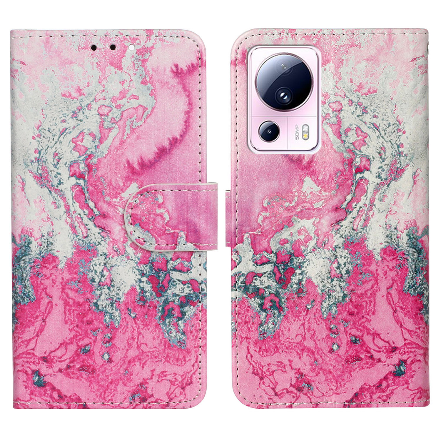 

Für Xiaomi 13 Lite / Civi 2 5G Anti-scratch-brieftaschen-handy-koffer-muster-druck Lederabdeckung Mit Ständer - Rosa Meerwasser, Xiaomi 13 Lite