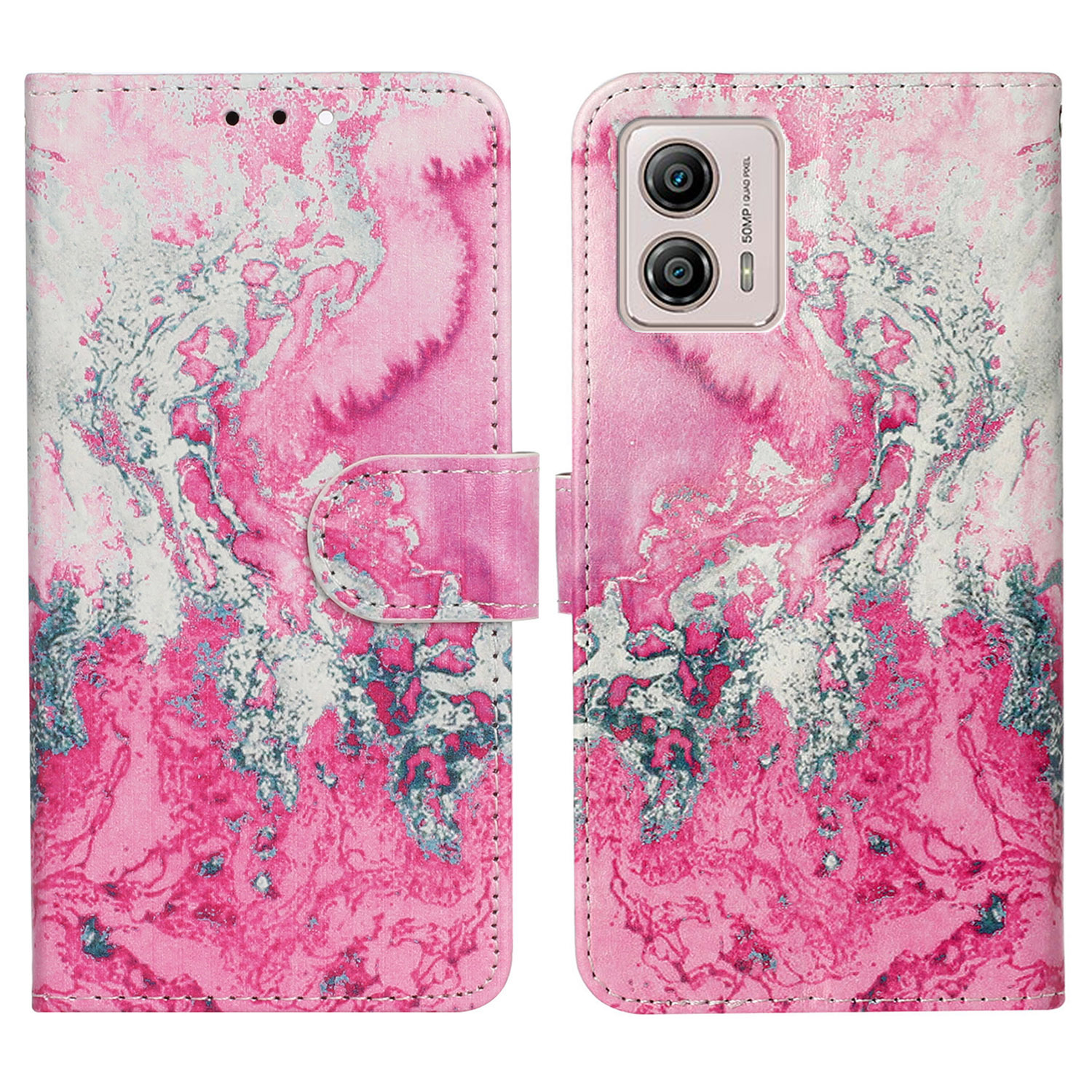 

Für Motorola Moto G73 5G Schockdosenkoffer Muster Druckleder -leder -telefonabdeckung Mit Brieftasche - Rosa Meerwasser, Motorola Moto G73 5G