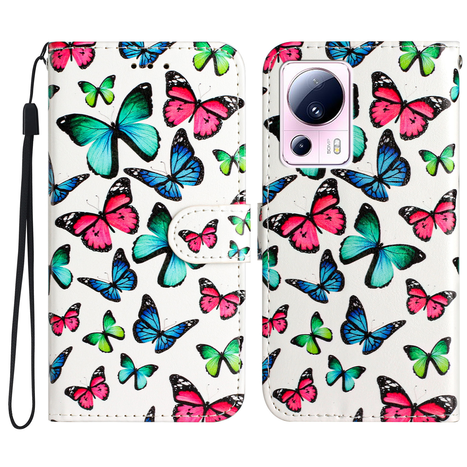 

Für Xiaomi 13 Lite / Civi 2 5G Muster Druckphone Brieftasche Hülle Schockdichte Flipständer Lederschale - Buntes Schmetterling, Xiaomi 13 Lite