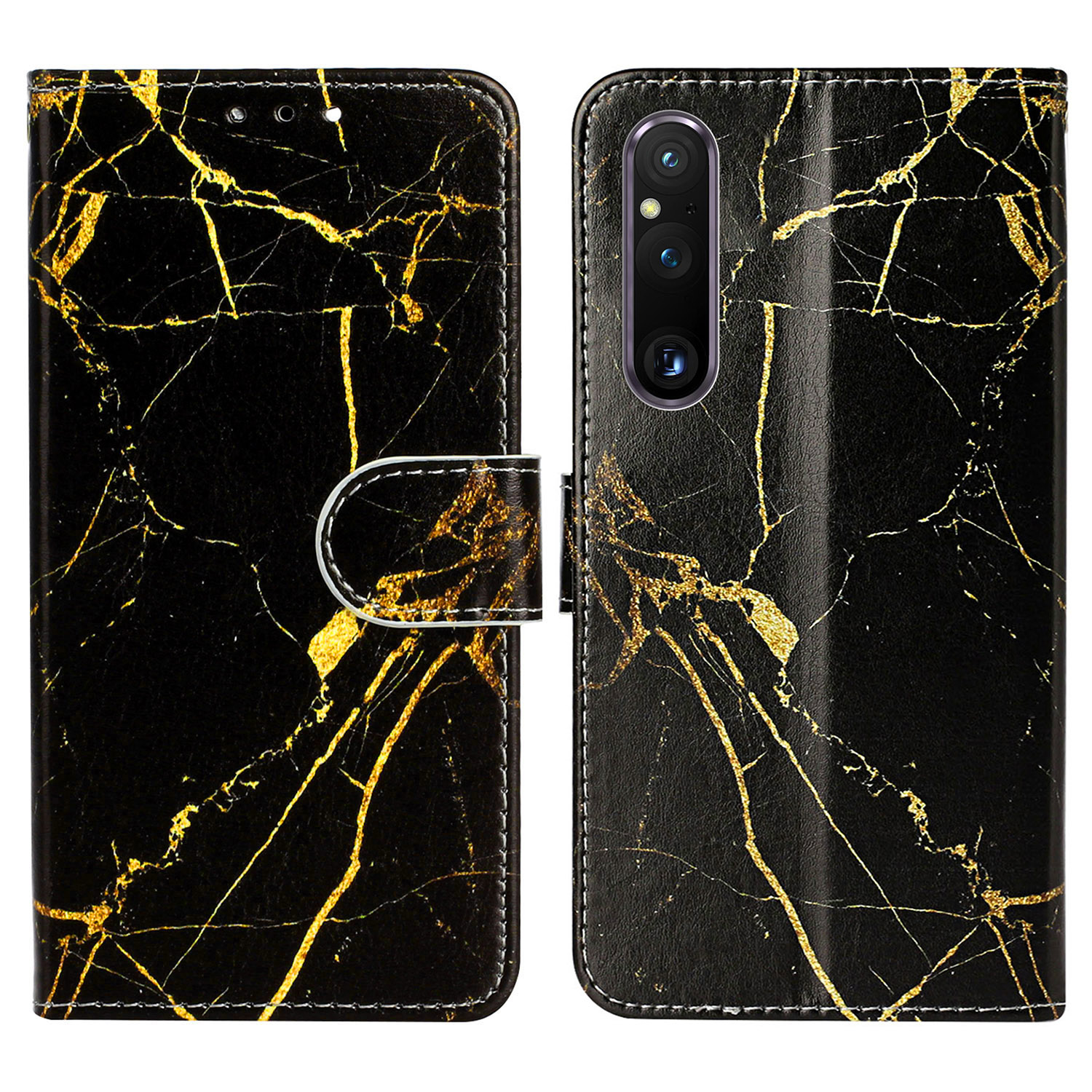 

Musterdruck Telefonhülle Für Sony Xperia 1 V Anti-fall-wasser-brieftaschen-lederabdeckung Mit Ständer - Schwarzer Gold Marmor, Sony Xperia 1 V