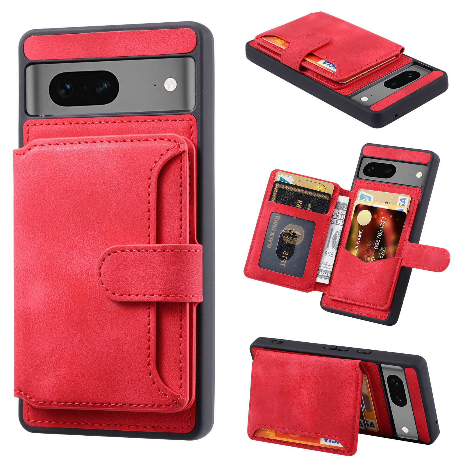 

Für Google Pixel 6a Lederbeschichtete TPU -telefonhülle RFID Blocking Wallet Telefon Kickständer Cover - Rot, Google Pixel 6a