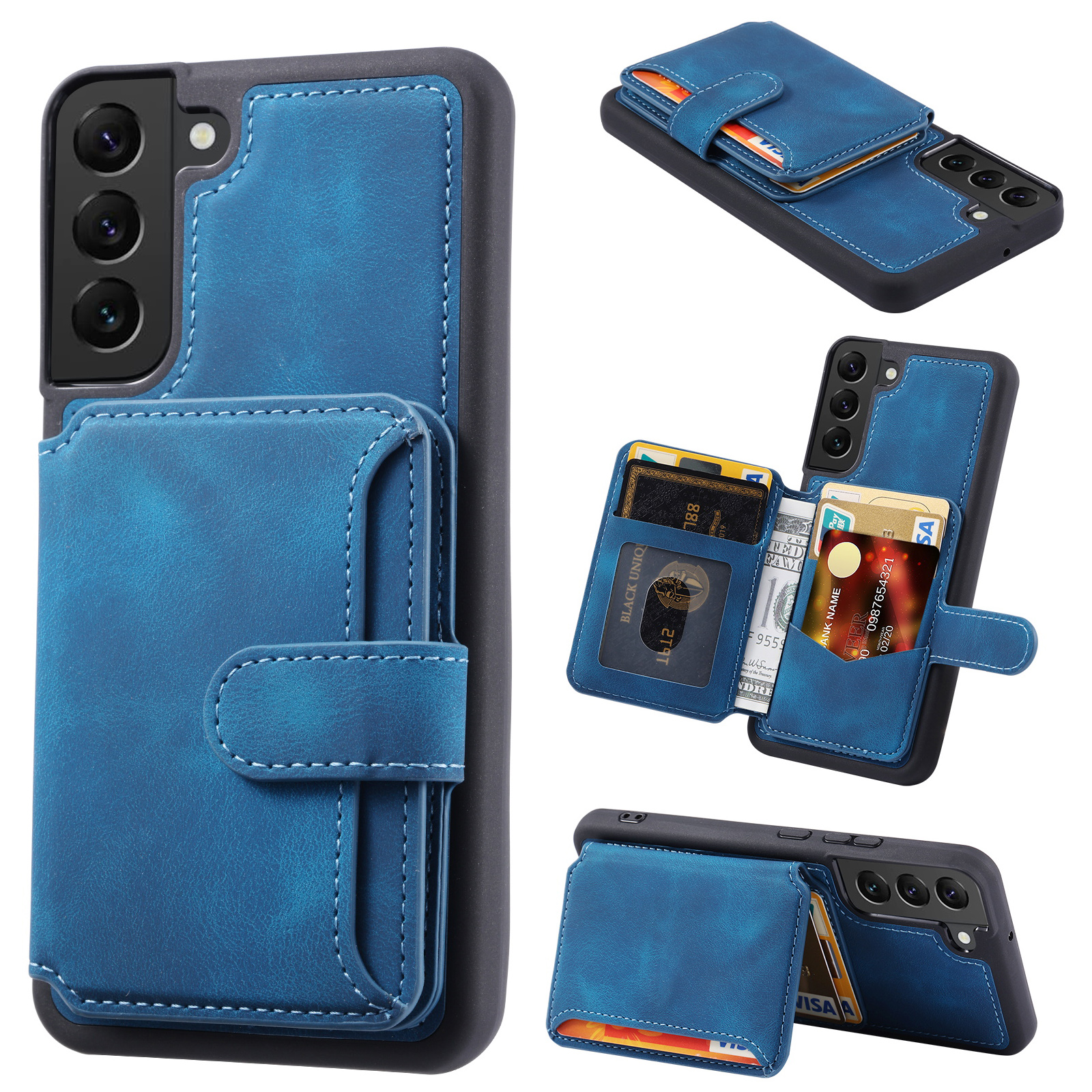 

Für Samsung Galaxy S22 5G RFID Blocking Phone Hülle Lederbeschichtete TPU -kickständer Brieftasche Telefonabdeckung - Blau, Galaxy S22 5G