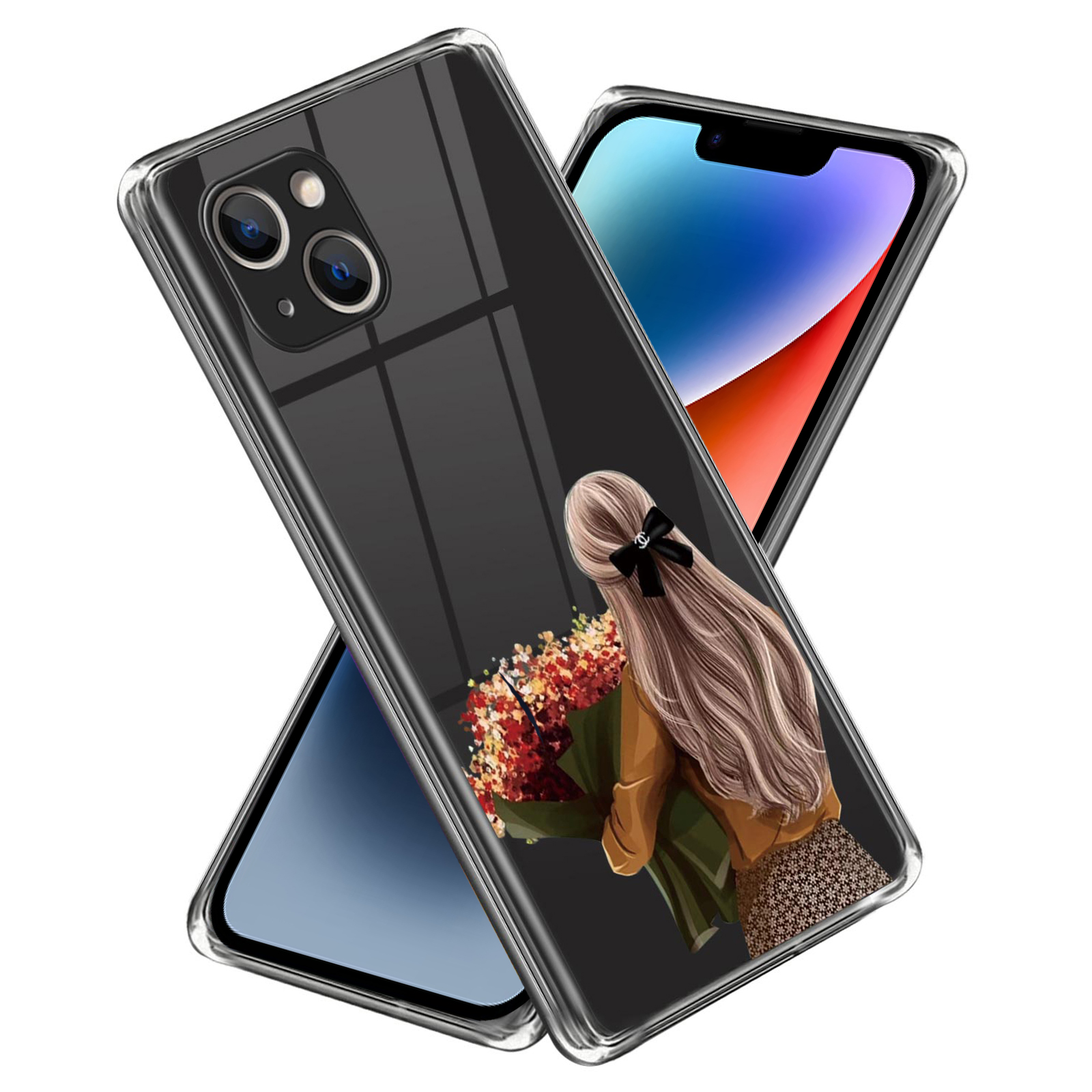 

For iPhone 14 Plus Soft TPU Phone Case Pattern Printing Protective Mobile Phone Cover - Girl with Flower / Right, iPhone 14 Plus