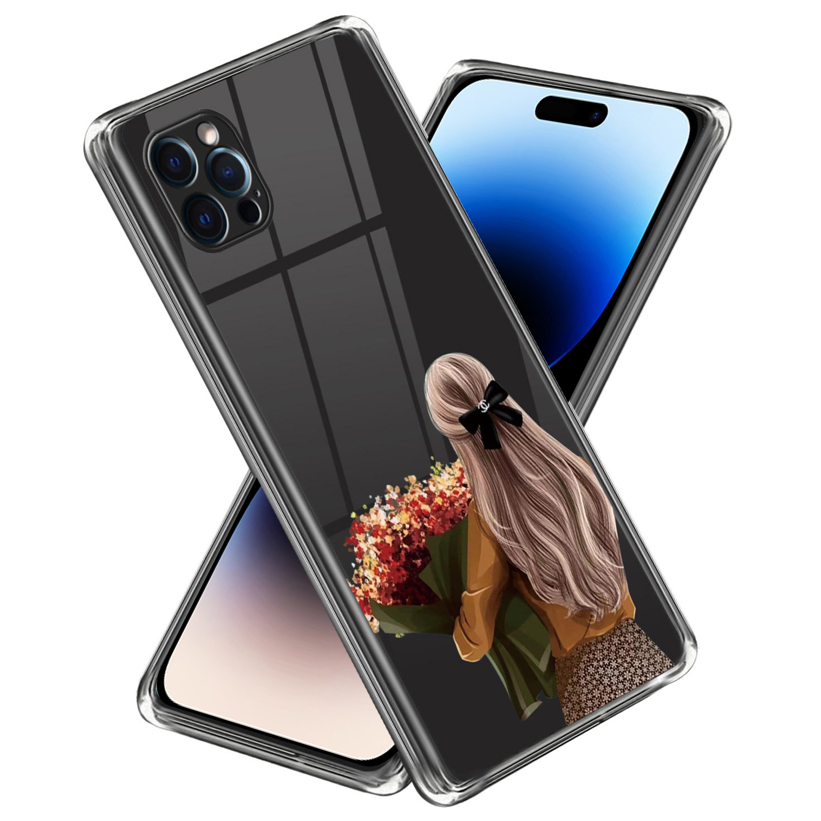 

For iPhone 14 Pro Max Pattern Printing Phone Case Anti-scratch Soft TPU Back Cover - Girl with Flower / Right, iPhone 14 Pro Max