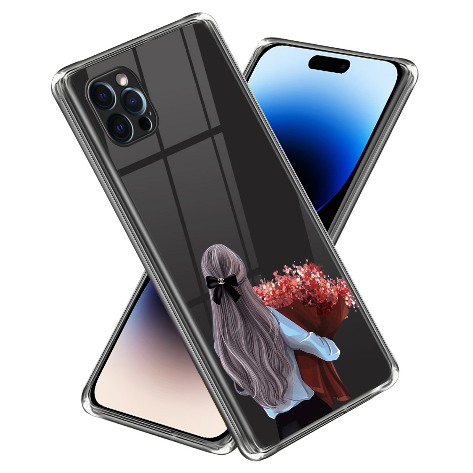 

For iPhone 14 Pro Max Pattern Printing Phone Case Anti-scratch Soft TPU Back Cover - Girl with Flower / Left, iPhone 14 Pro Max