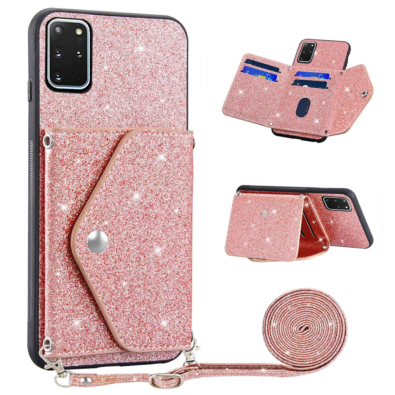 

Für Samsung Galaxy S20 Plus 4G / 5G Glitter Phone Hülle Lederbeschichtete TPU -kartenhalter Cover Mit Kickstand - Rosa, Galaxy S20 Plus 5G
