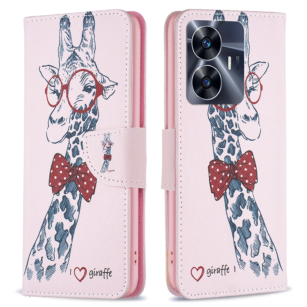 

Für Realme C55 Muster Druckphase Hülle Vollschutz PU Leder Brieftaschenschale Mit Ständer - Giraffe, Realme C55