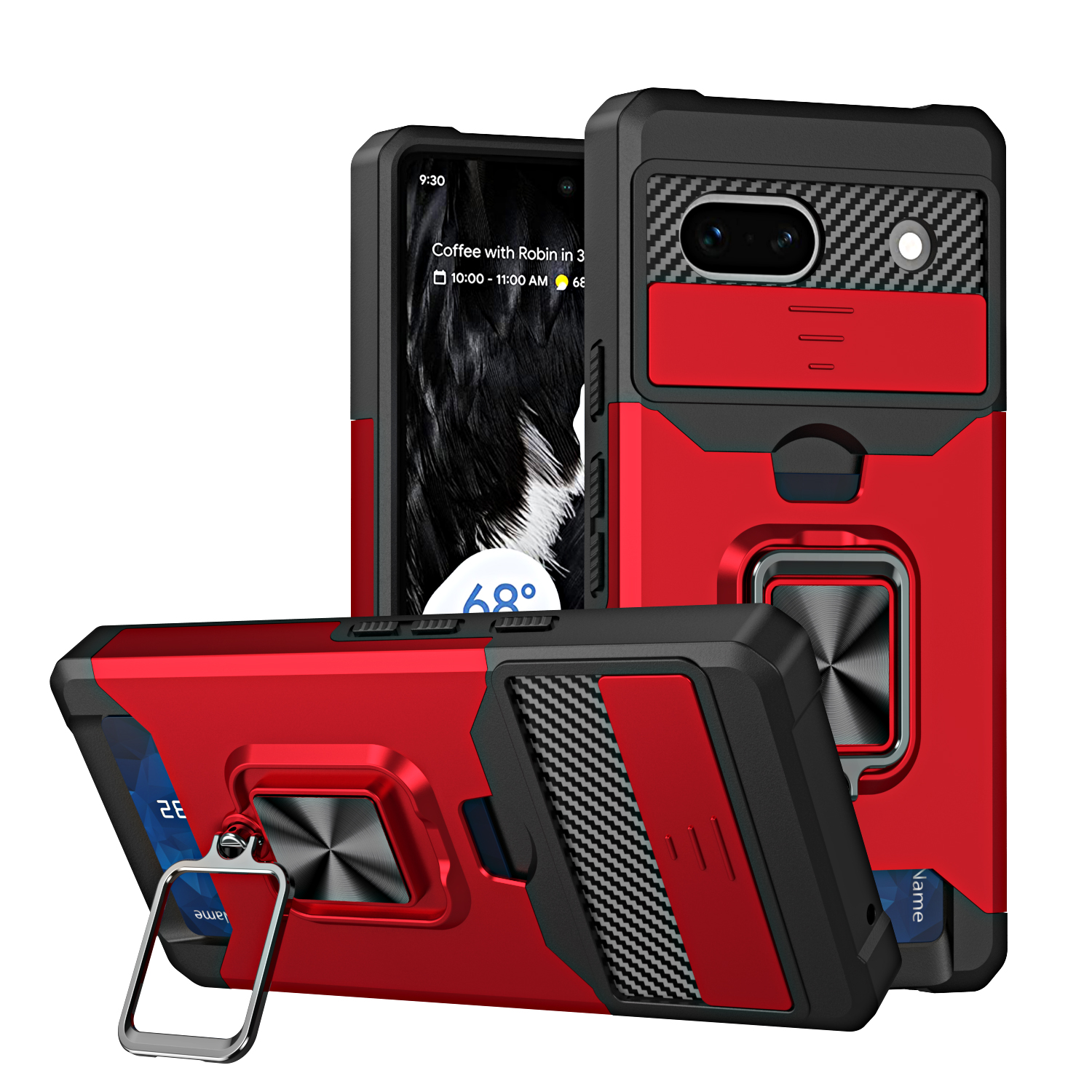 

Für Google Pixel 7a -kartenhalter Kickstand -phone -hülle PC+TPU Hybridabdeckung Mit Dia Camera Deckel - Rot, Google Pixel 7a