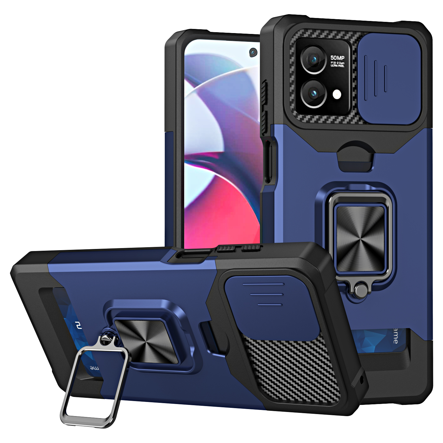 

Für Motorola Moto G Stylus 5G (2023) PC+TPU Schocksicherer Deckungskartenhalter Kickstand -telefonhülle Mit Dia Camera Deckel - Navy Blau, Motorola Moto G Stylus 5G (2023)