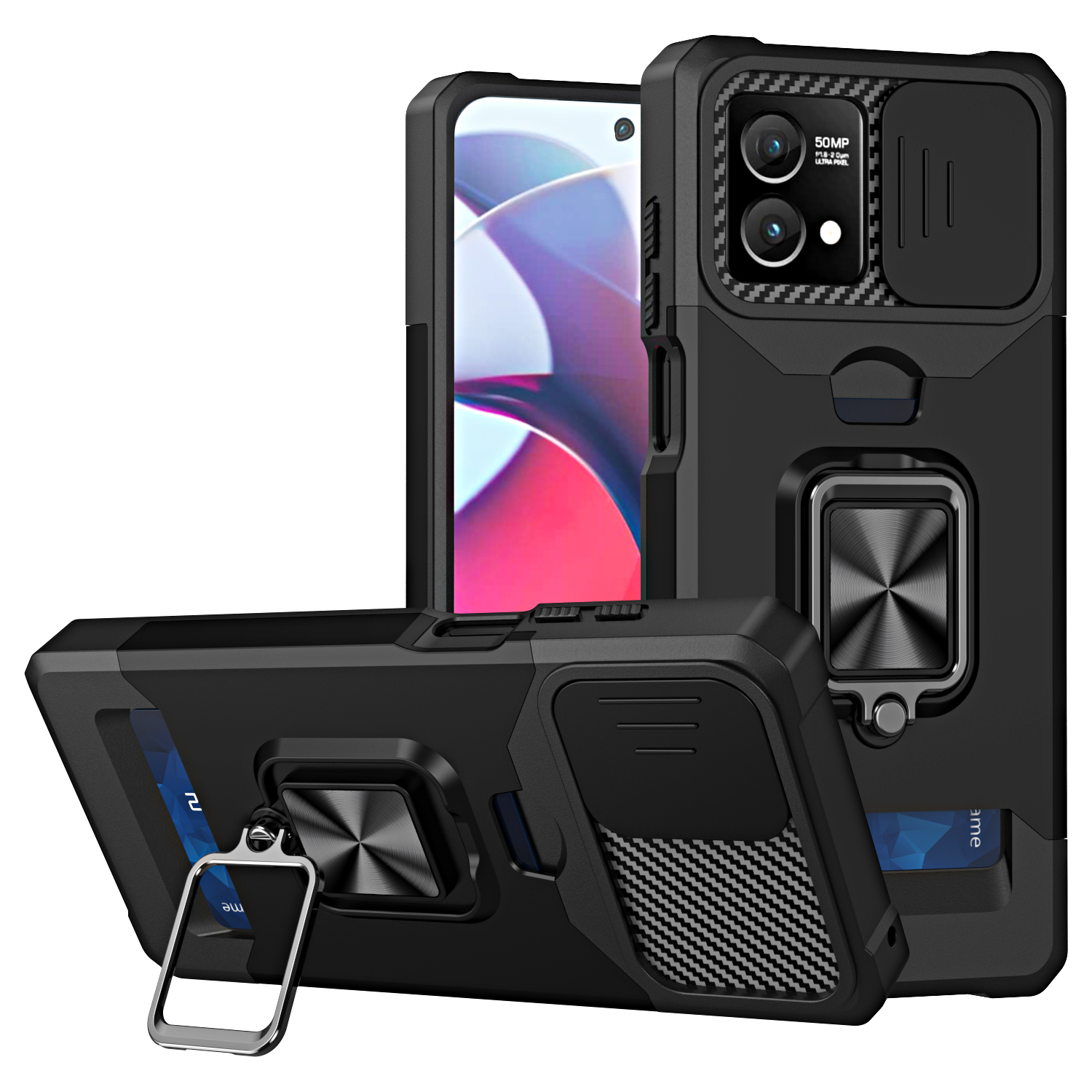 

Für Motorola Moto G Stylus 5G (2023) PC+TPU Schocksicherer Deckungskartenhalter Kickstand -telefonhülle Mit Dia Camera Deckel - Schwarz, Motorola Moto G Stylus 5G (2023)
