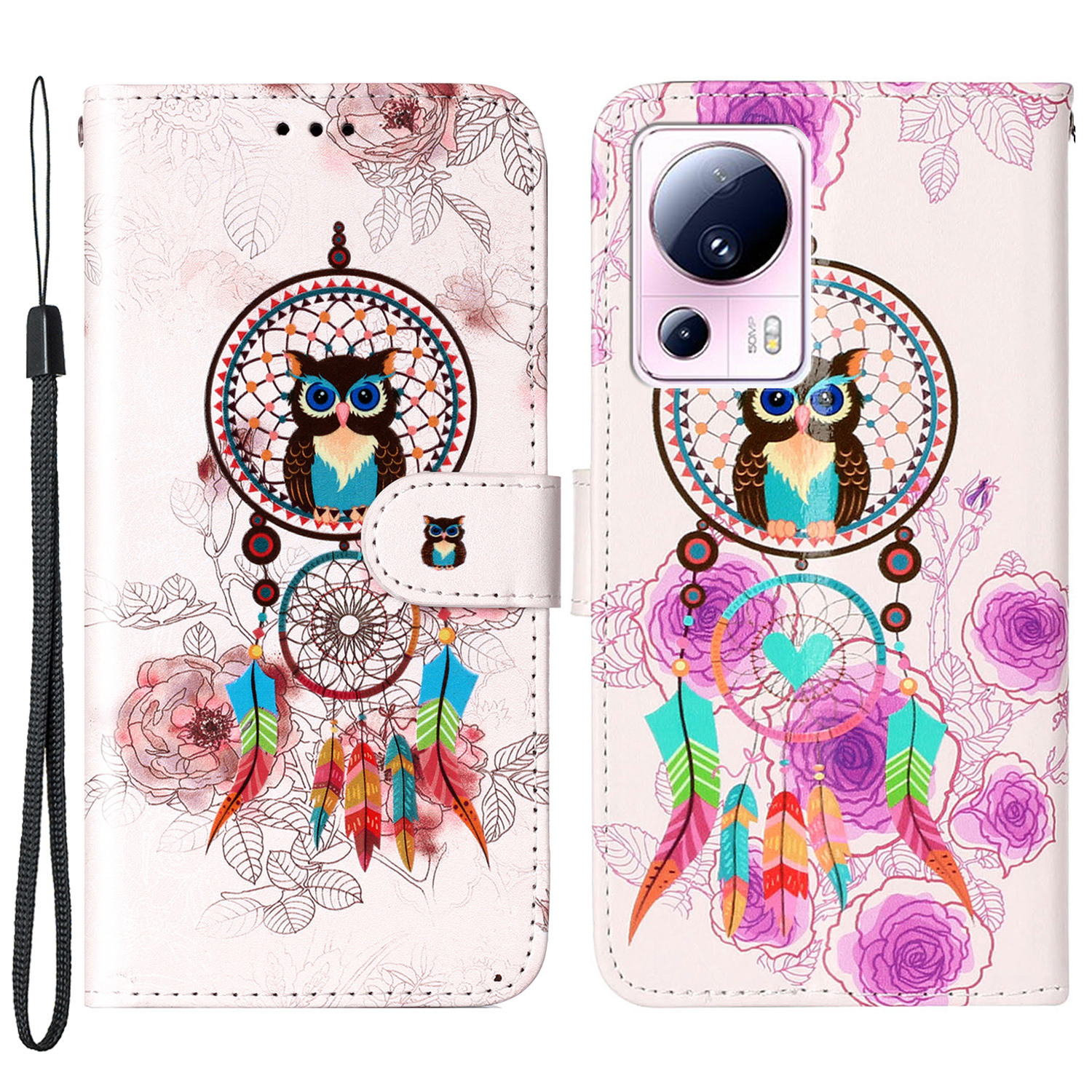 

Für Xiaomi 13 Lite / Civi 2 5G PU Leder -handy -koffer -muster Druckklappständer Brieftaschenabdeckung Mit Riemen - Wind Chime Eule, Xiaomi 13 Lite