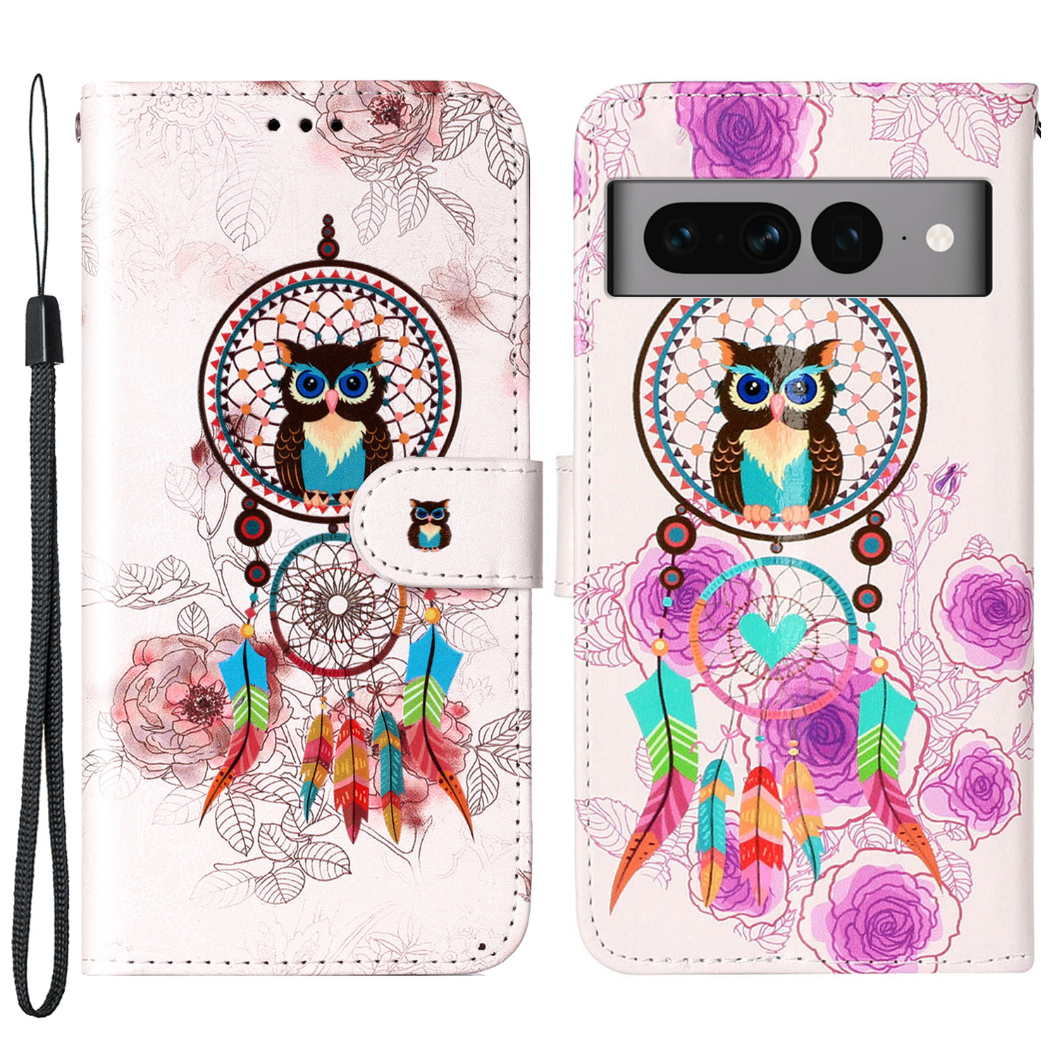 

Für Google Pixel 7 Pro 5G Muster Druckleder-brieftaschenabdeckung Flip Ständer Drop-proof-telefonhülle - Wind Chime Eule, Google Pixel 7 Pro 5G
