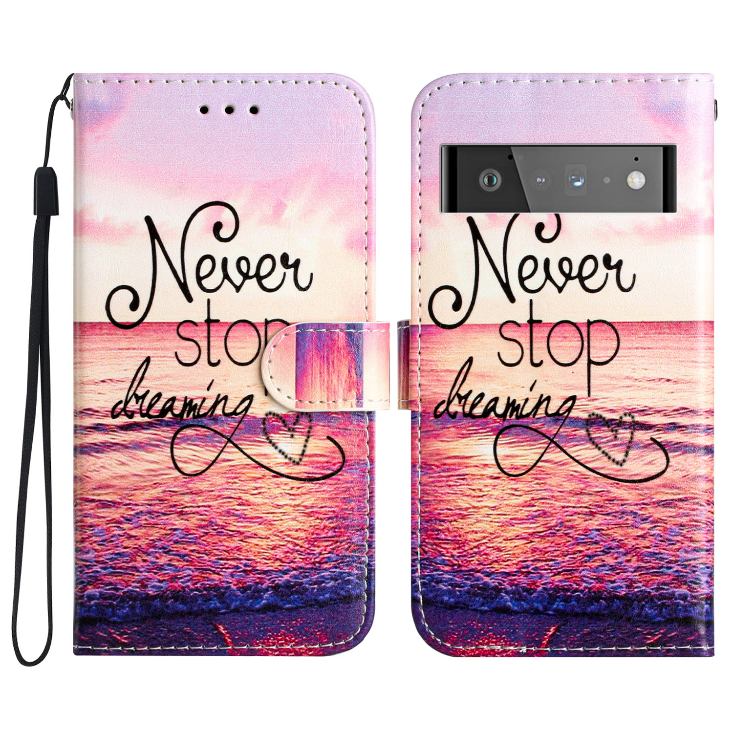 

Für Google Pixel 6 Pro 5G Wallet Phone Haufen Muster Druck PU Lederständer Flip Cover Mit Riemen - Nie Aufhören zu Träumen, Google Pixel 6 Pro 5G