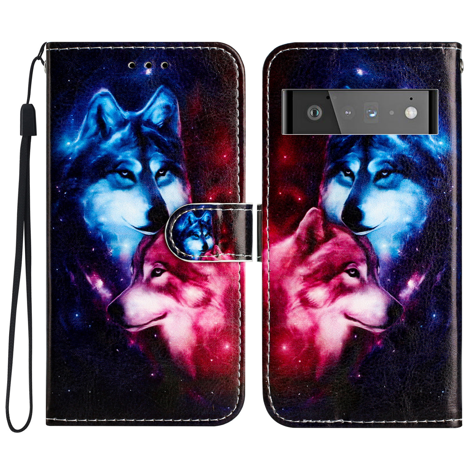 

Für Google Pixel 6 Pro 5G Wallet Phone Haufen Muster Druck PU Lederständer Flip Cover Mit Riemen - Paar Wolf, Google Pixel 6 Pro 5G