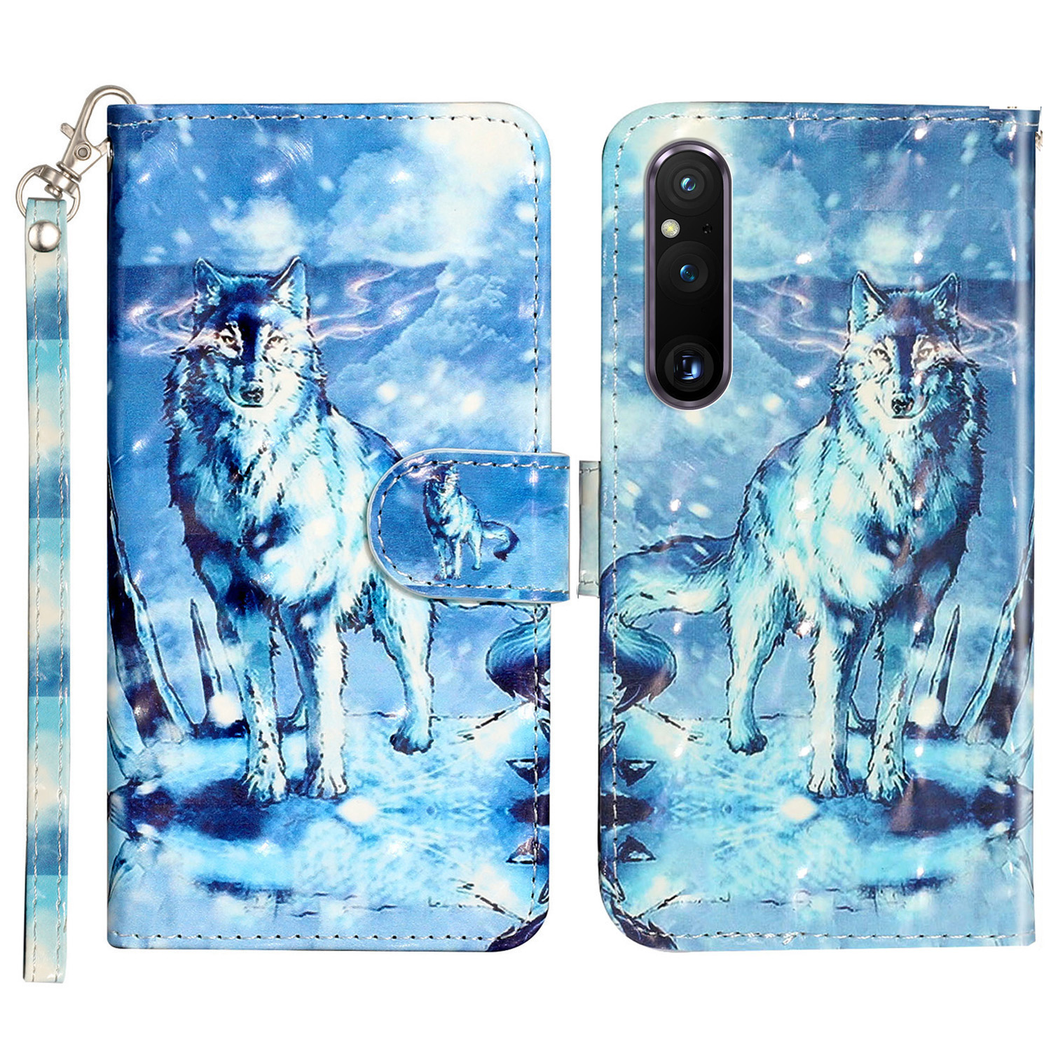 

Für Sony Xperia 1 V Schockfeste PU Leder Brieftaschenhülle Klappständer 3D -musterdruck Telefonabdeckung Mit Riemen - Schneewolf, Sony Xperia 1 V