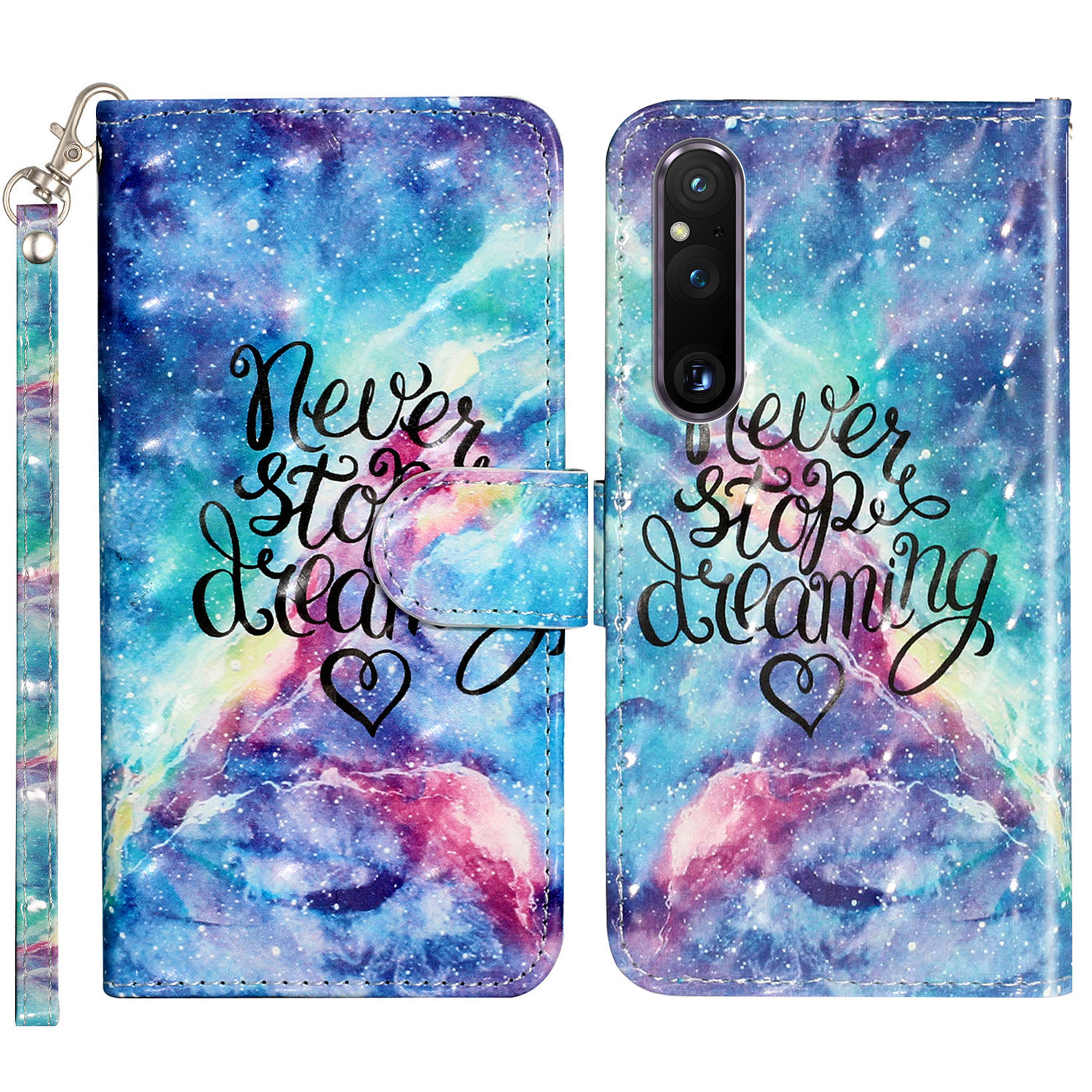 

Für Sony Xperia 1 V Schockfeste PU Leder Brieftaschenhülle Klappständer 3D -musterdruck Telefonabdeckung Mit Riemen - Sternenklarer Himmel, Sony Xperia 1 V