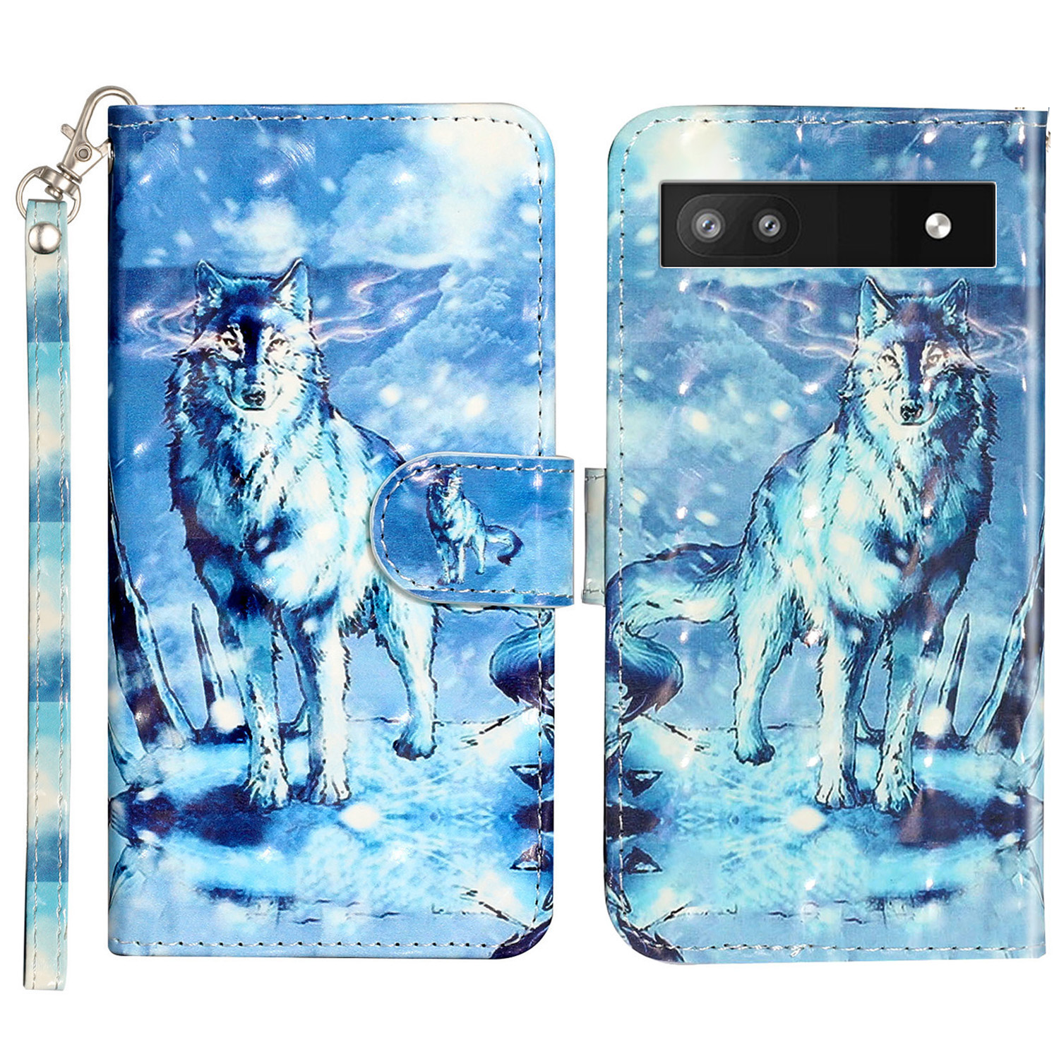

Für Google Pixel 7a PU Leder 3D -muster Druckphase Hülle Wallet Wallet Flip Cover Mit Riemen - Schneewolf, Google Pixel 7a