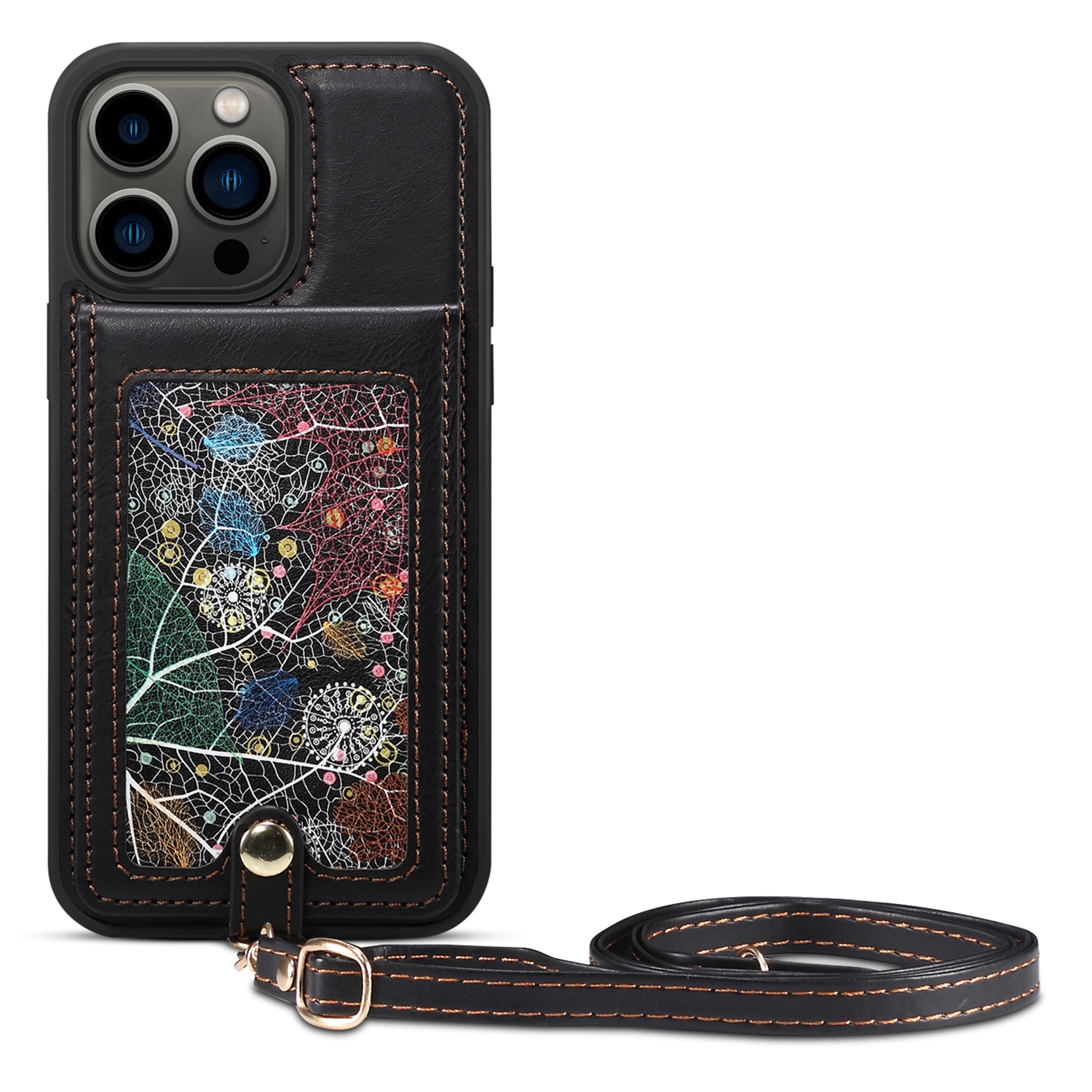 

Für Das Iphone 13 Pro Max Kartenhalter Phone Hülle Lederbeschichtete TPU -kickständer Mit Schultergurt - Schwarz, iPhone 13 Pro Max