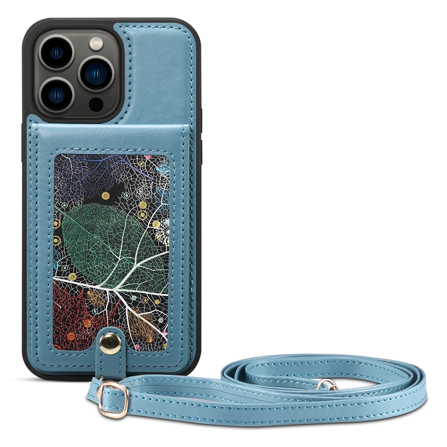 

Für Das Iphone 13 Pro Max Kartenhalter Phone Hülle Lederbeschichtete TPU -kickständer Mit Schultergurt - Blau, iPhone 13 Pro Max
