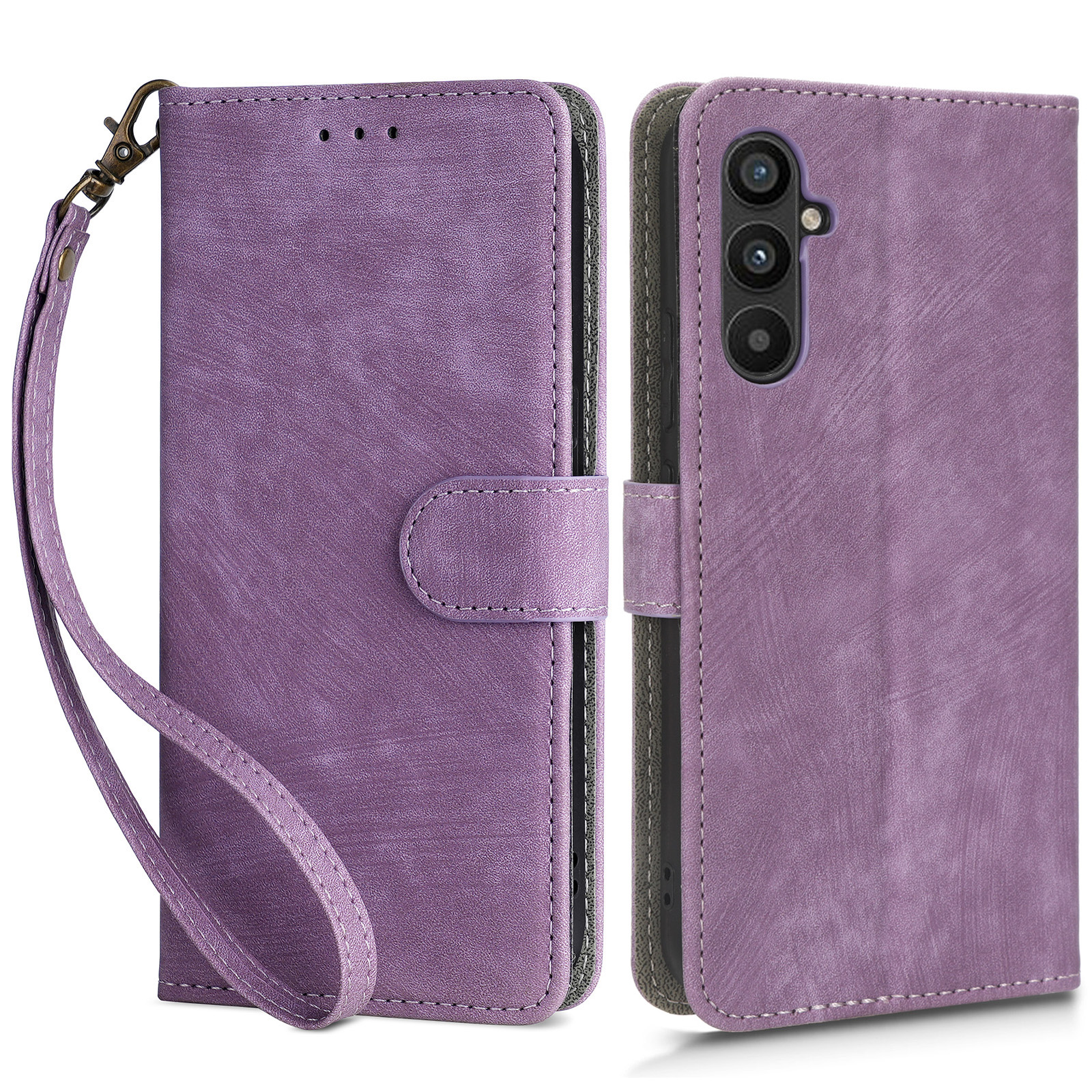 

Für Samsung Galaxy M14 5G RFID Blockierende Leder -telefonabdeckung Brieftasche Telefonhülle Mit Riemen - Lila, Galaxy M14 5G