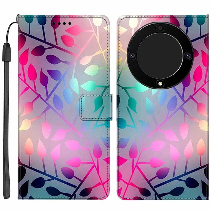 

Für Ehren X9a 5G PU Leder -telefon -hülle -muster Druckklappständer Brieftaschenabdeckung Mit Riemen - Blendende Blätter, Honor X9a 5G