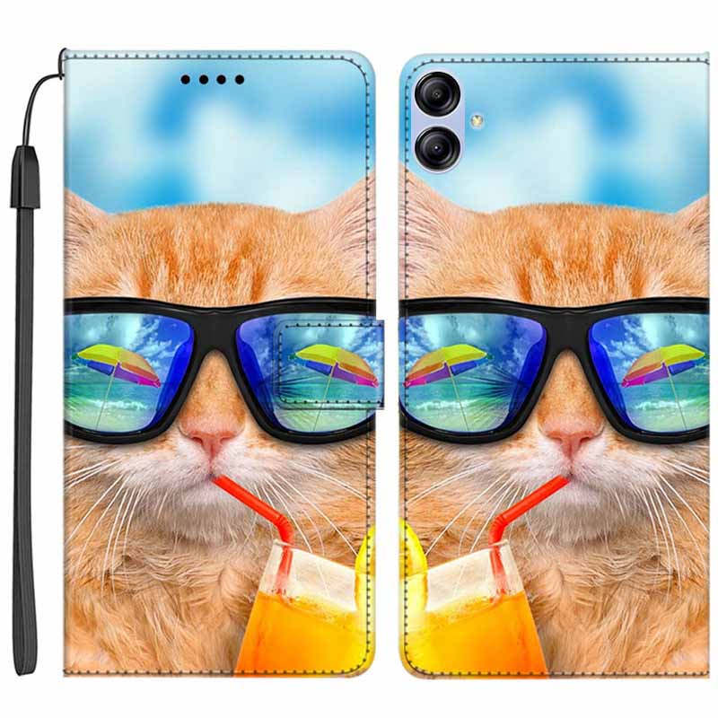 

Für Samsung Galaxy A04e 4G PU -ledermuster -druckphase Hülle Wallet Stand Flip Cover Mit Riemen - Katze Trinken, Galaxy A04e 4G