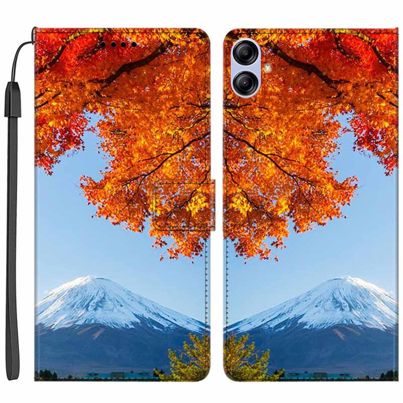 

Für Samsung Galaxy A04e 4G PU -ledermuster -druckphase Hülle Wallet Stand Flip Cover Mit Riemen - Snow Mountain Red Blätter, Galaxy A04e 4G