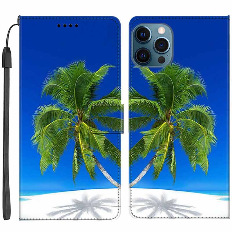

Für Iphone 14 Pro Max PU Leder Brieftasche Flip Covers Muster Druckphase Mit Riemen - Kokosnussbaum, iPhone 14 Pro Max