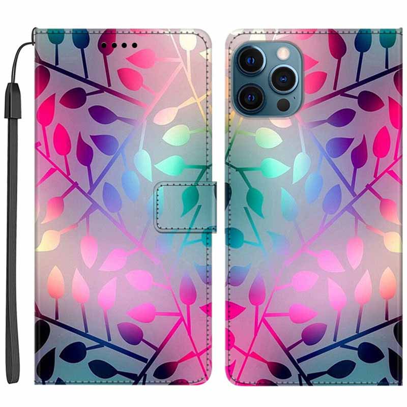 

Für Iphone 14 Pro Max PU Leder Brieftasche Flip Covers Muster Druckphase Mit Riemen - Blendende Blätter, iPhone 14 Pro Max