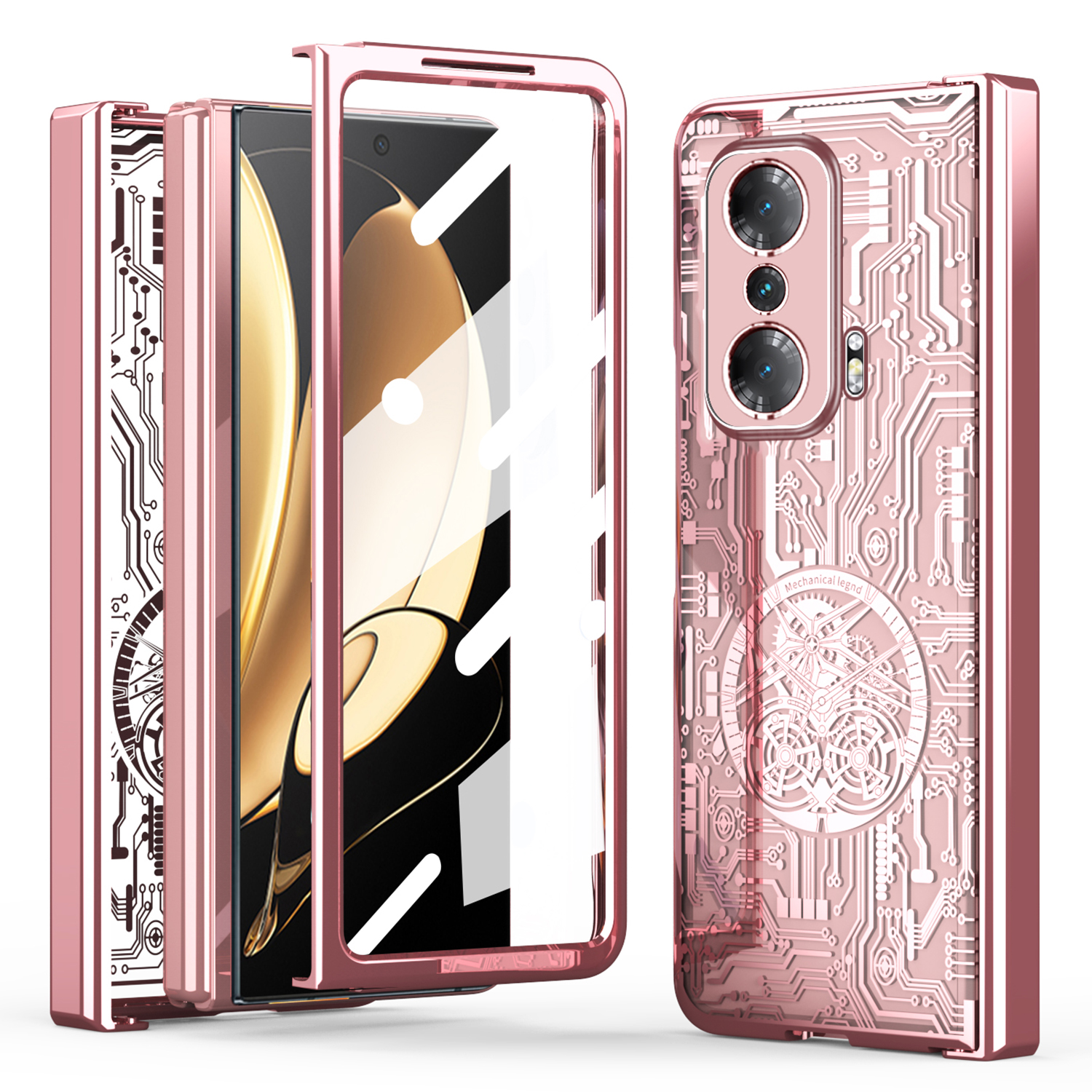 

Für Die Ehrenmagie V Mechanical Legend Series Elektroplatte PC -telefonhülle Scharnierschutz Rückzugsabdeckung Mit Temperamentvollem Glasfilm - Rosa, Honor Magic V