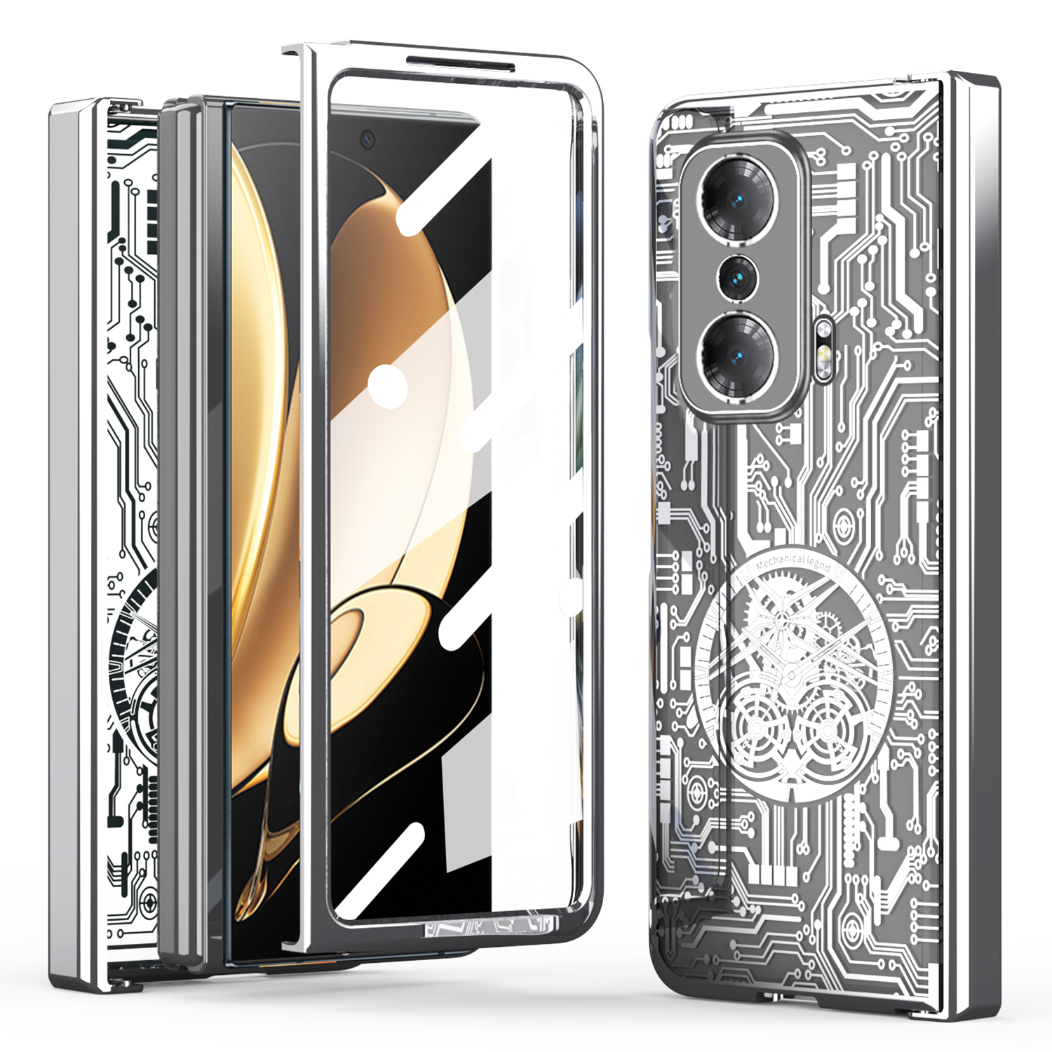 

Für Die Ehrenmagie V Mechanical Legend Series Elektroplatte PC -telefonhülle Scharnierschutz Rückzugsabdeckung Mit Temperamentvollem Glasfilm - Silber, Honor Magic V