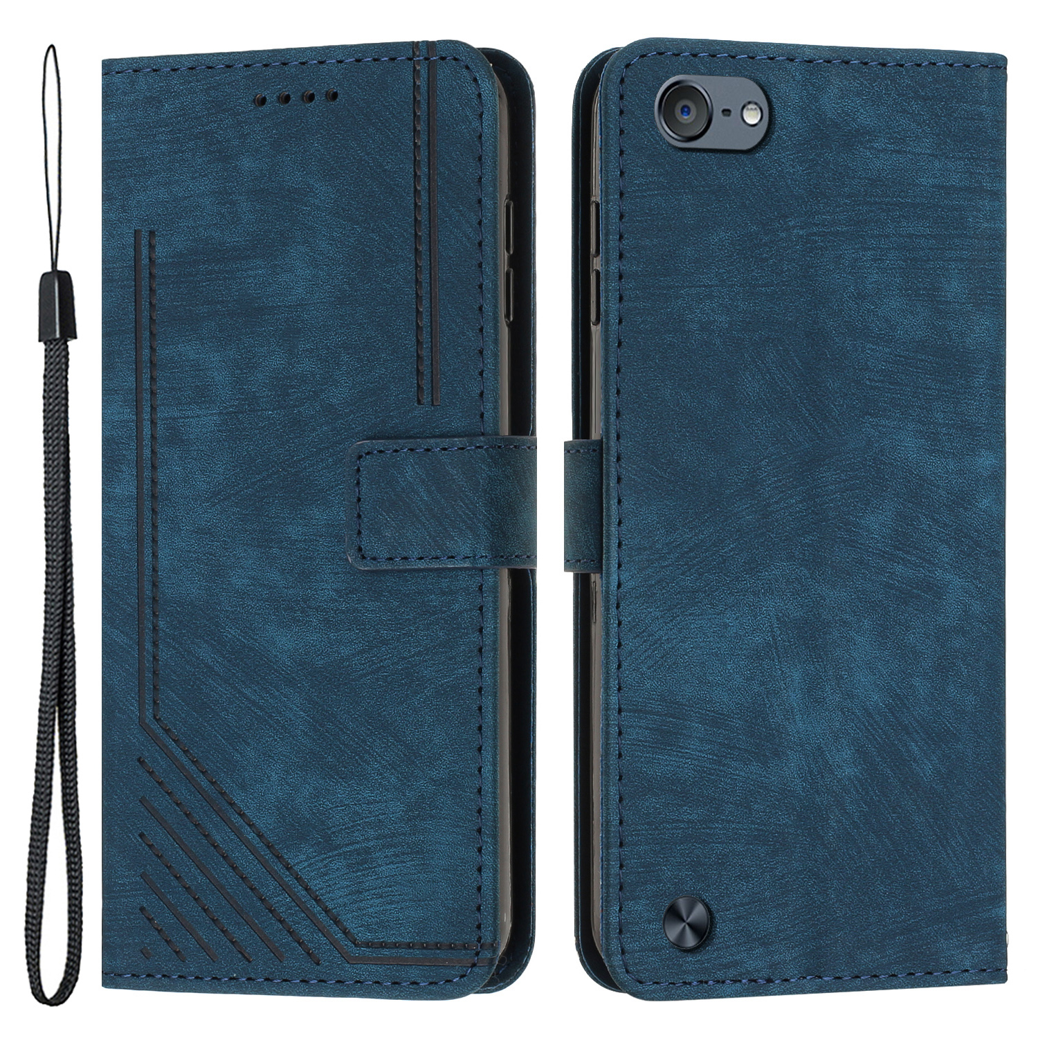For iPod Touch 5   6   (2019) Phone Case PU Leather Stand Wallet Skin-touch Lines Imprinted Cover - Sapphire