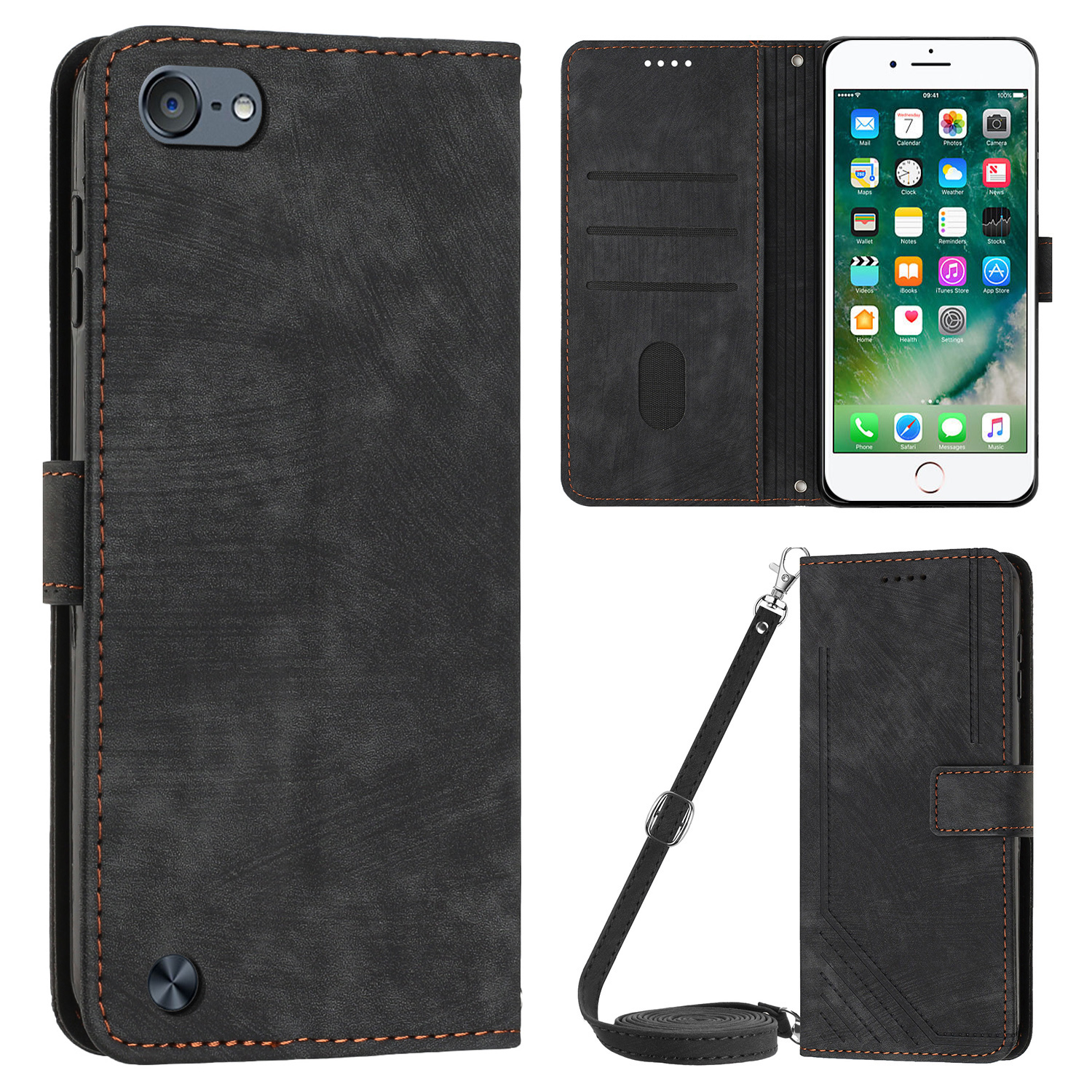 For iPod Touch (2019)   Touch 6   Touch 5 Crossbody Wallet Case PU Leather Lines Imprinted Stand Phone Cover - Black