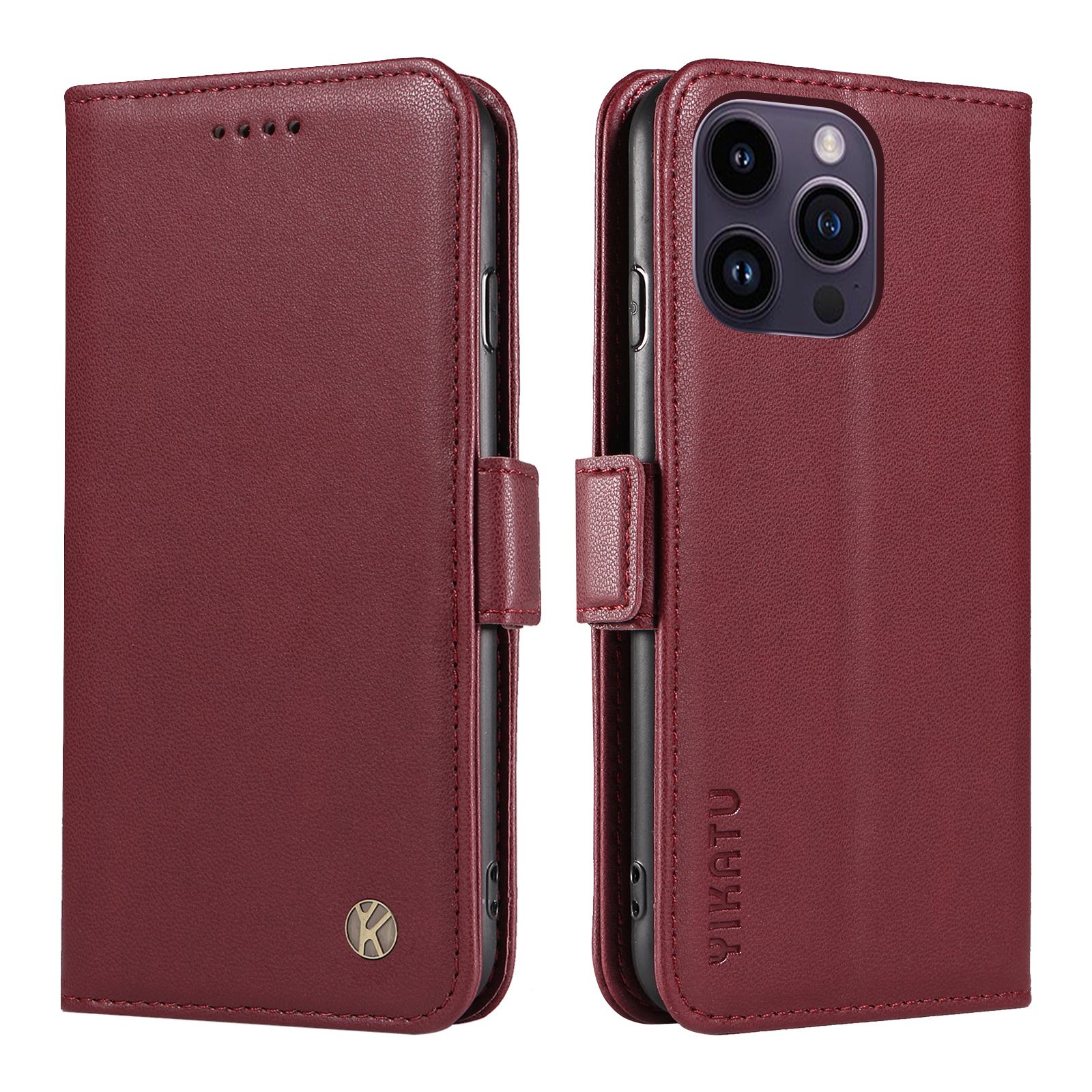 

Yikatu YK-003 Für Iphone 14 Pro Max PU Leder-telefon Hülle Wallet Ständer Schockdcover - Weinrot, iPhone 14 Pro Max