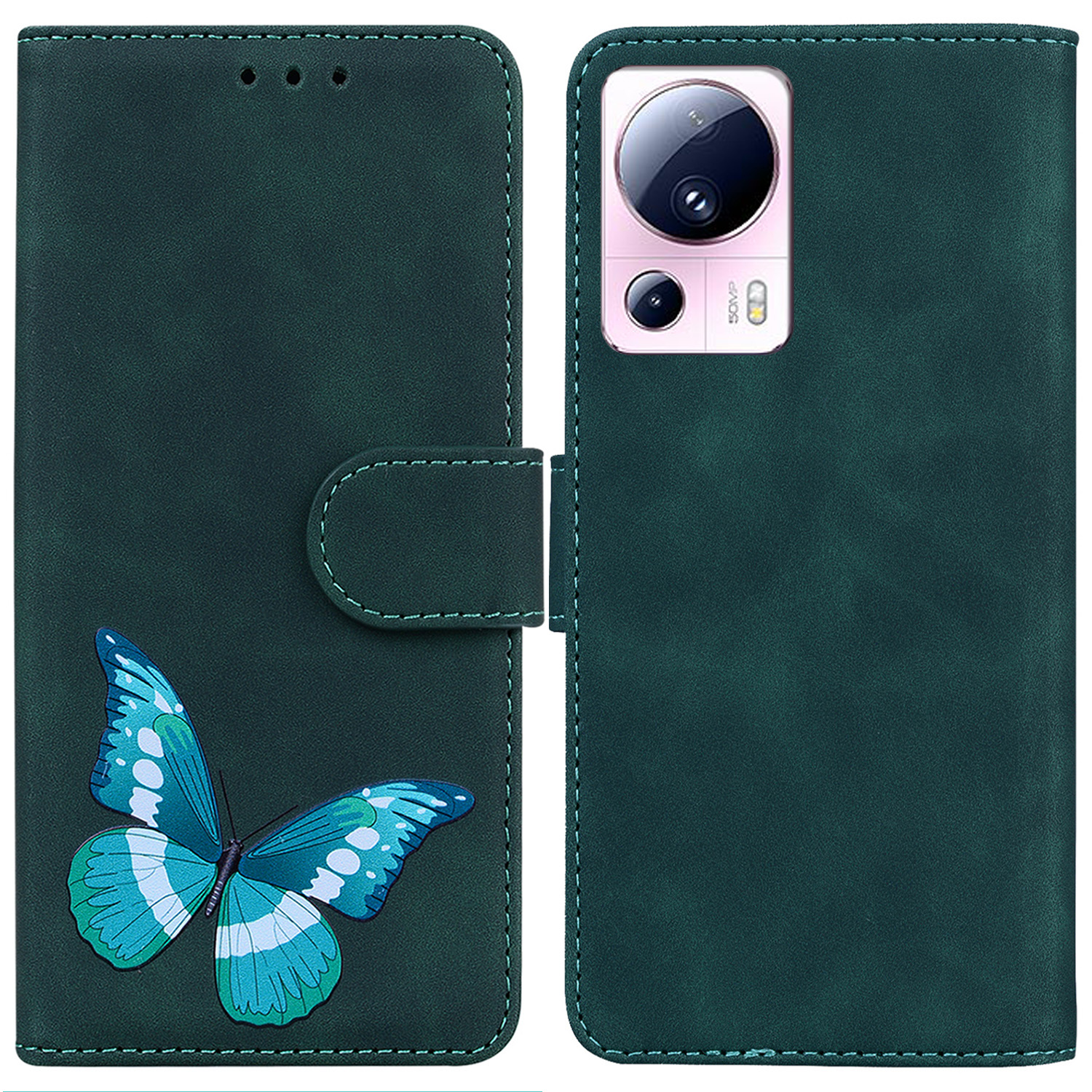 

Brieftascheabdeckung Für Xiaomi 13 Lite / Civi 2 5g Schmetterling Druckhaut-touch PU Leder Flip Ständer Telefonhülle - Grün, Xiaomi 13 Lite