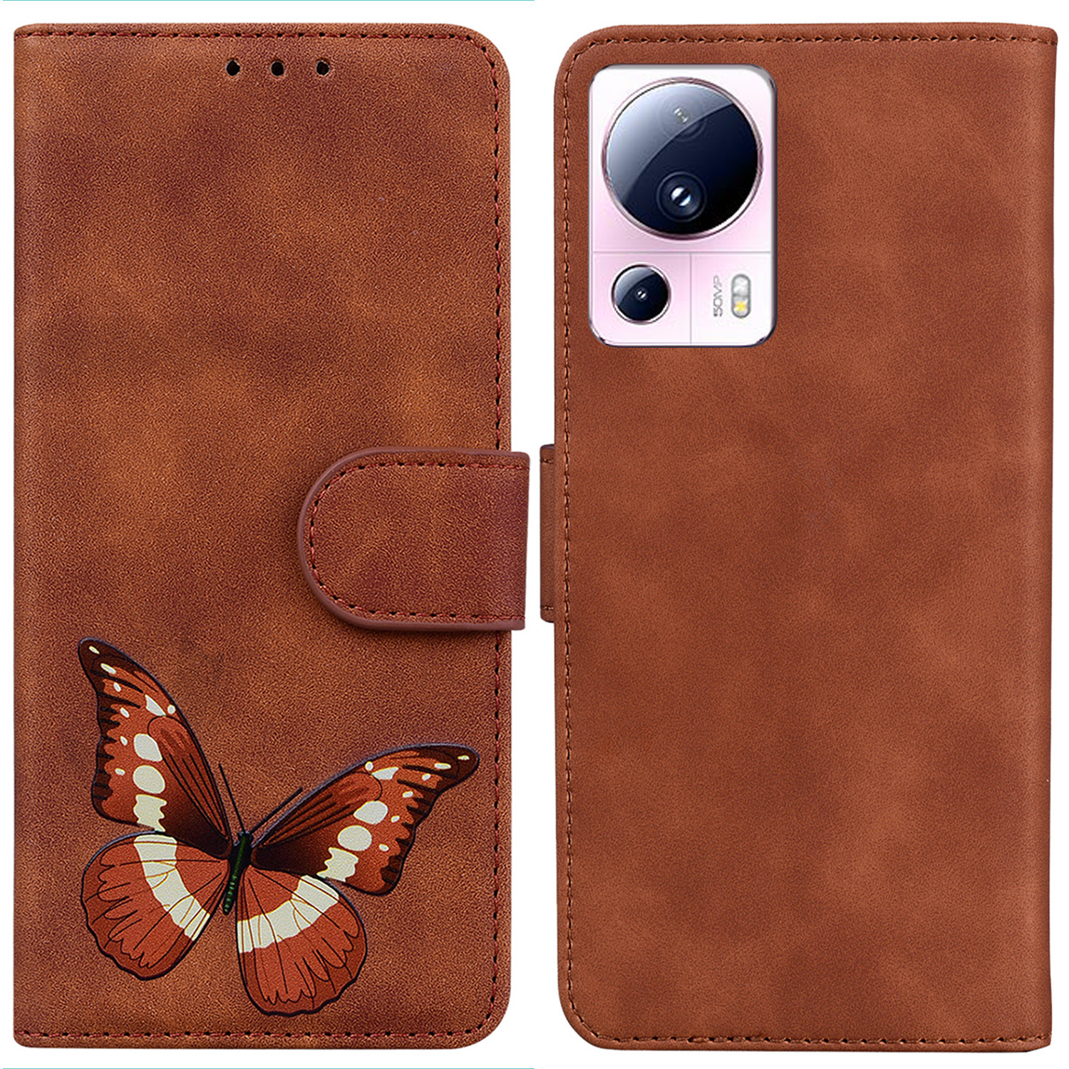 

Brieftascheabdeckung Für Xiaomi 13 Lite / Civi 2 5g Schmetterling Druckhaut-touch PU Leder Flip Ständer Telefonhülle - Braun, Xiaomi 13 Lite